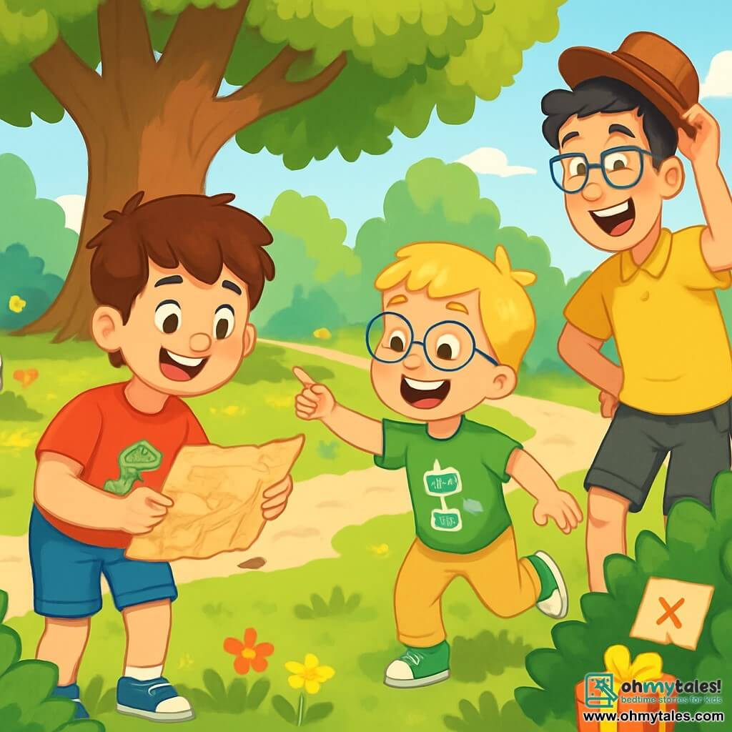There are 4 characters: Max, an 8-year-old boy with messy brown hair and sparkling eyes, wearing a red t-shirt with a dinosaur and blue shorts. He is standing, smiling, holding a treasure map. Leo, a 7-year-old boy with blonde hair and round glasses, wearing a green t-shirt with a robot and beige pants, is next to Max, bouncing with excitement, showing a clue hidden behind a bush. Mr. Brown, Max's dad, is about 35, with brown hair and a light beard, wearing a blue plaid shirt and jeans, squatting down, examining the treasure map with an amused smile. Mr. Green, Leo's dad, is around 36, with black hair and glasses, wearing a yellow t-shirt and gray shorts, standing and laughing while holding a funny hat that Max gave him. The setting is a lush park filled with majestic trees and colorful flowers, with a large oak tree in the center providing shade. Sun rays filter through the leaves, illuminating the grassy ground, and a small gravel path winds through the park, accompanied by children's laughter in the background. The main scene shows the two boys and their dads on a treasure hunt, with Max and Leo excitedly showing their clues while their dads follow with joyful smiles. The atmosphere is festive and full of laughter, with colorful gifts hidden behind bushes and under benches.
