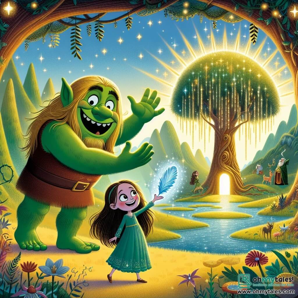 A friendly ogre named Oliver, with bright green skin, large round eyes, and a wide smile, stands in the center of the image with his arms open, expressing joy and enthusiasm. Next to him is an 8-year-old girl named Lily, with long brown hair and sparkling eyes, looking in wonder while holding a beautiful shimmering blue feather in her hand. The setting is a magical world filled with colorful singing flowers and tall trees with dancing leaves, bathed in golden light. In the background, a huge tree with a miniature door is visible, surrounded by sparkling streams and lush hills. The main scene shows Oliver and Lily ready to enter the magical door of the tree, determined to protect their joyful sanctuary from the threats of a grumpy wizard.