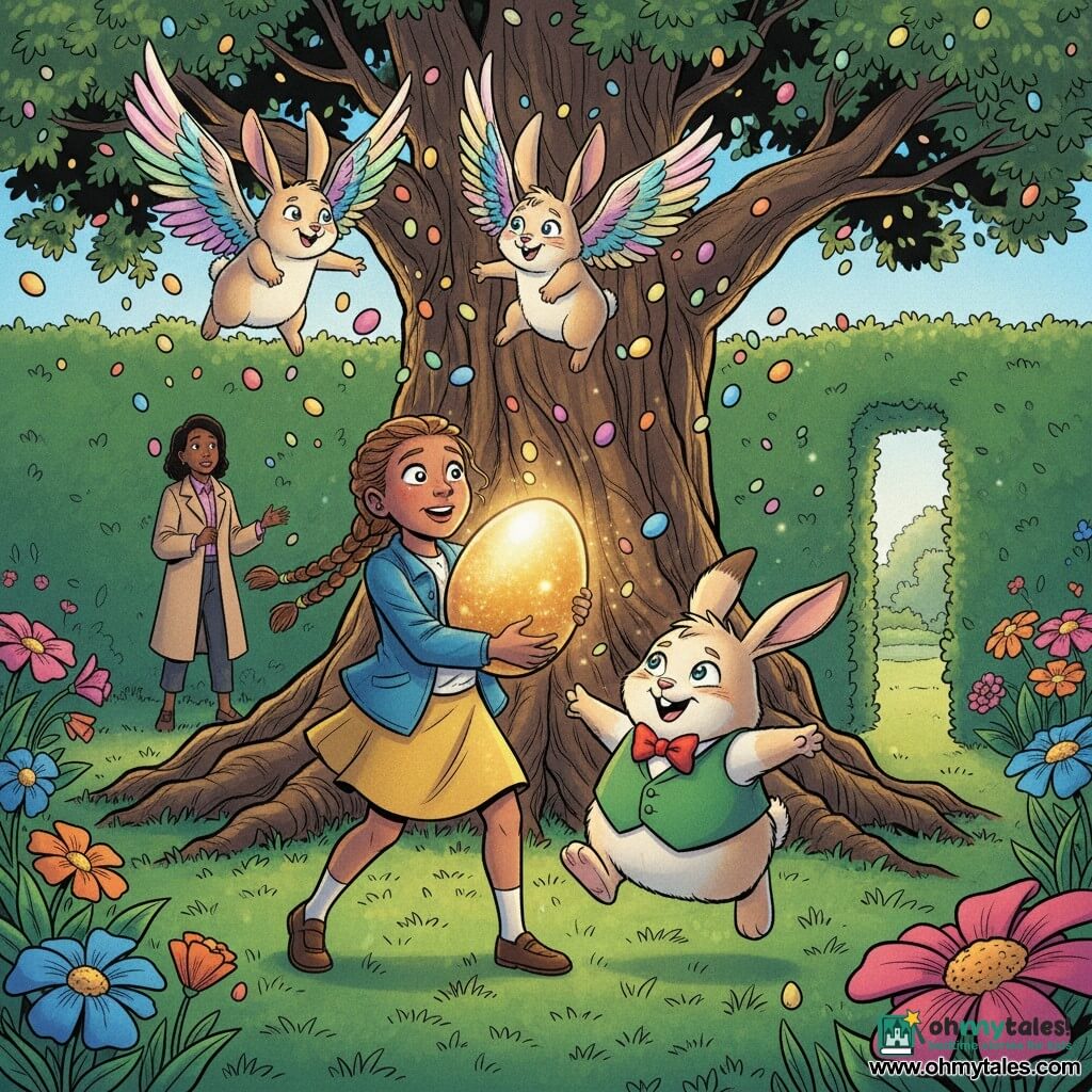 A 12-year-old girl, amazed with wide bright eyes and light brown braided hair, wearing a blue jacket and yellow skirt, holds a large sparkling golden egg against her chest; beside her a small round anthropomorphic rabbit named Thistle with cream fur, a green vest and red bow tie grins and points at the egg, while three colorful winged rabbits with iridescent feathers fly overhead throwing egg-shaped confetti. In the background the girl's relieved mother in a beige coat stands by an open trimmed hedge watching tenderly. The scene is a secret garden with emerald grass, oversized pink, blue and orange flowers, a massive gnarled-root oak and a hedged passage of light; the girl discovers the egg at the foot of the oak as golden magic light emanates from it, creating a joyful, fairy-tale atmosphere in saturated colors, comic style with thick black outlines and soft shadows.