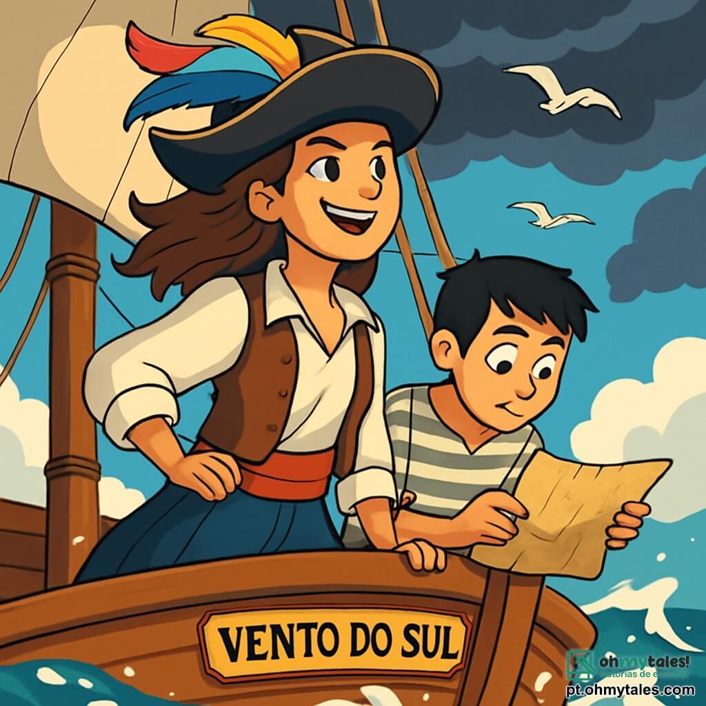 Marília, uma jovem pirata de cerca de 25 anos, está orgulhosamente em pé no convés de seu navio, O Vento do Sul. Ela usa um chapéu decorado com penas coloridas, uma camisa branca larga e um colete de couro marrom, com os olhos brilhando de determinação e excitação. Seus cabelos castanhos, levemente ondulados, flutuam ao vento enquanto ela observa o horizonte com um sorriso ousado. Ao seu lado, Miguel, seu fiel imediato de cerca de 20 anos, está concentrado em um mapa antigo. Ele tem cabelos pretos e curtos, e veste uma camisa listrada e calças de lona, inclinando-se levemente com uma expressão de entusiasmo misturada com preocupação. O navio está rodeado por um mar azul profundo, com ondas brancas espirrando sobre a madeira do convés. Ao fundo, nuvens escuras se acumulam, anunciando uma tempestade iminente, enquanto gaivotas voam acima deles. A cena principal mostra Marília e Miguel se preparando para enfrentar a tempestade que se aproxima, com um sentimento palpável de aventura e desafio no ar. As velas estão içadas e a tripulação se movimenta ao redor deles, criando uma atmosfera dinâmica e cheia de tensão.