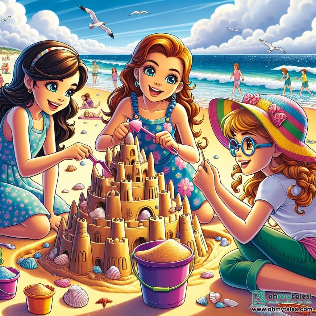 In the foreground, three 10-year-old girls are building a huge sandcastle. Mila, a girl with long brown hair and sparkling eyes, is crouching down, holding a bucket filled with sand. Next to her, Jasmine, with braided hair and a colorful sun hat, is smiling as she adds seashells to the top of the castle. Finally, Lucy, a girl with blonde hair and round glasses, is standing with a shovel, observing their creation with a focused expression. In the background, Sunny Shores beach stretches endlessly, with gentle waves lapping at the shore. The sky is blue and sunny, dotted with a few fluffy white clouds. Families are having fun in the distance, and seagulls are flying above the sparkling water. The main scene shows the three friends united in their project, laughing and sharing ideas to enhance their sandcastle, symbolizing the strength of their friendship.