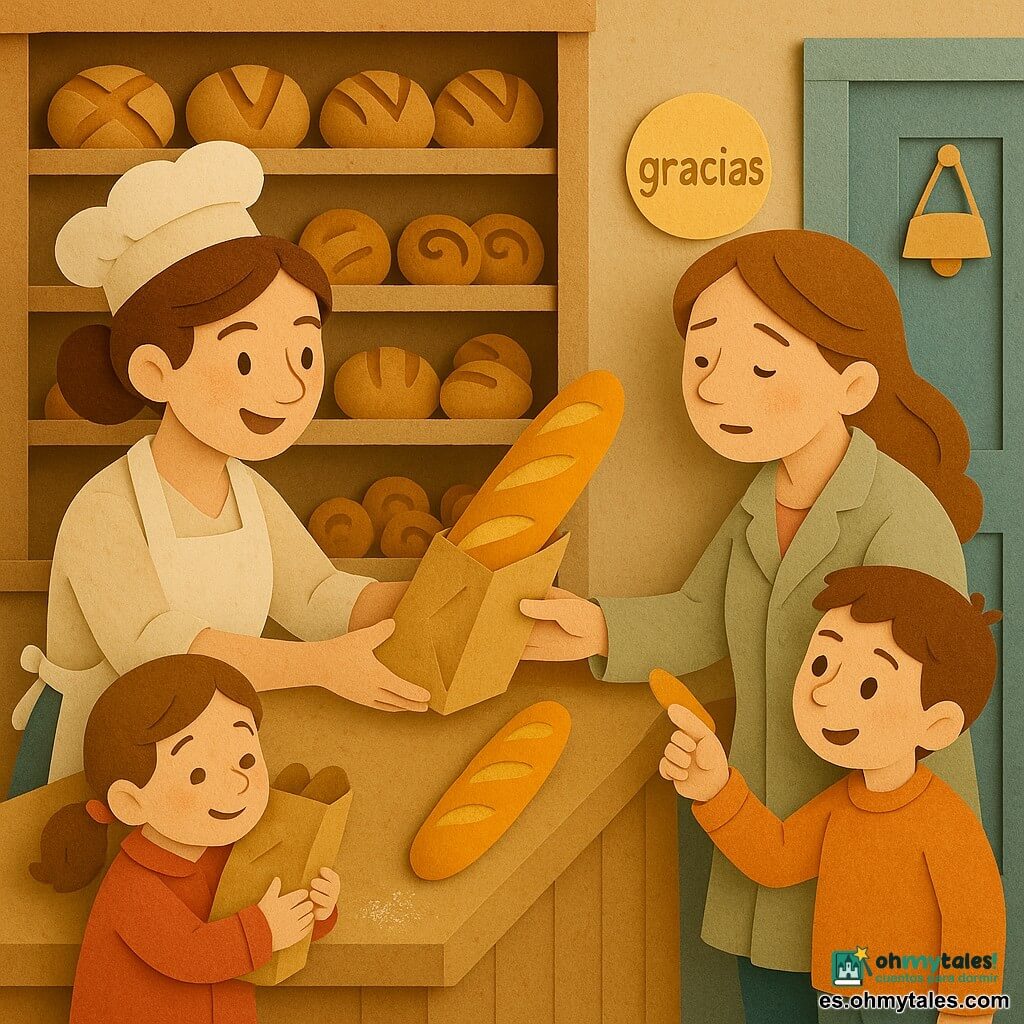 Una panadera sonriente y amable, cabello castaño recogido en moño y delantal blanco con harina, ofrece dos baguettes —una perfecta y otra con una pequeña grieta— a una familia: una madre adulta, cansada pero aliviada, recibe el paquete con ambas manos; a su derecha un niño de unos 7 años señala la baguette perfecta con admiración y a su izquierda una niña de unos 5 años, con chaqueta roja, abraza un pan algo abollado; la pequeña panadería, acogedora, tiene mostrador de madera clara, estanterías con panes y bollería, puerta azul con campanilla, harina espolvoreada y un cartel amarillo que dice «merci», luz cálida y estética de papeles recortados con texturas nítidas y contrastadas.