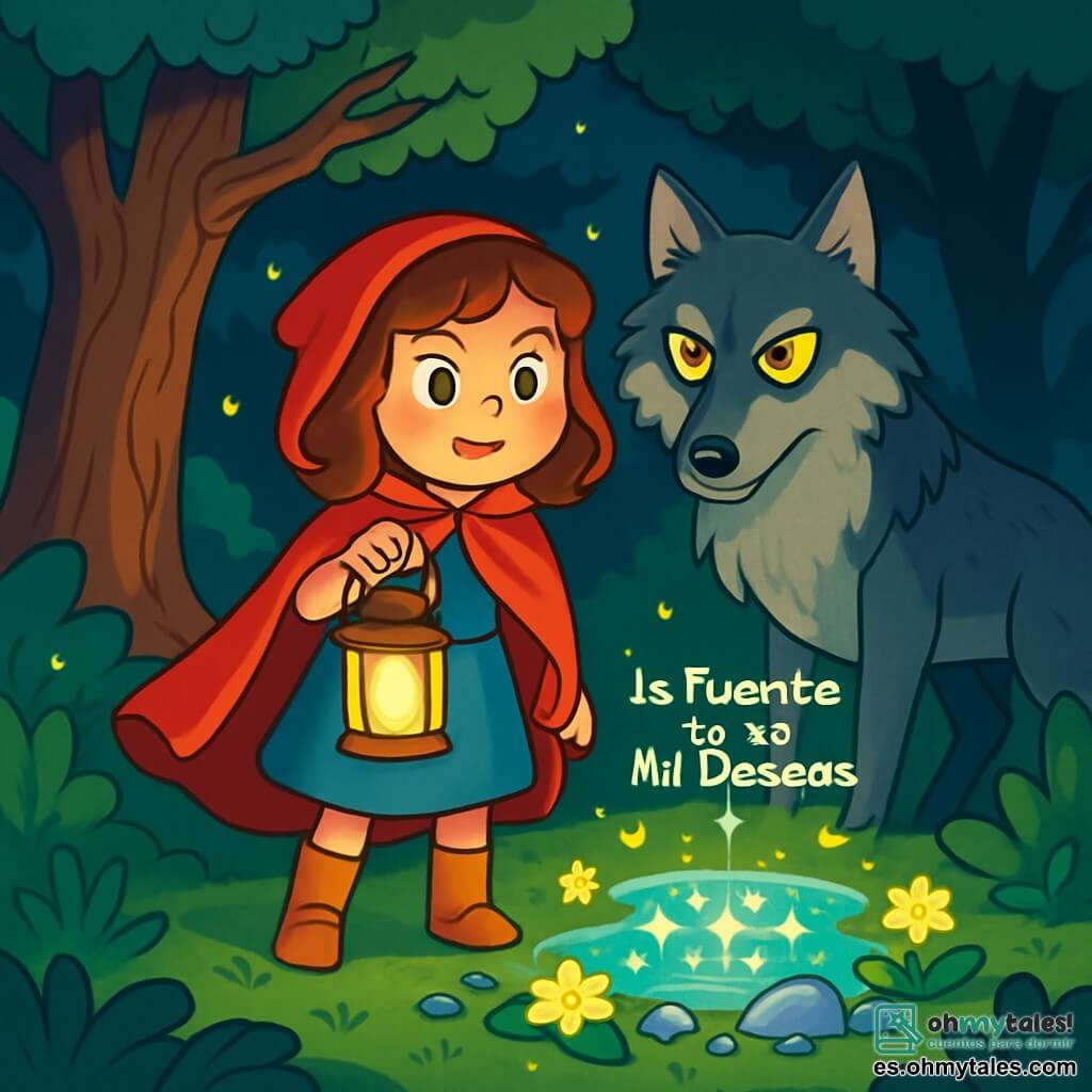 Lucía, una niña de 10 años, se encuentra valientemente en el centro de un claro encantado, con los ojos brillantes de emoción y determinación. Lleva una capa escarlata y sostiene una linterna luminosa que ilumina su rostro de mejillas sonrosadas y cabello castaño ondulado. A su lado, un gran lobo de ojos penetrantes y pelaje gris se mantiene a la expectativa, con un aire amenazante e intrigante. El lugar es un bosque denso, con árboles majestuosos y hojas verdes brillantes, mientras luciérnagas bailan a su alrededor, creando una atmósfera mágica. Lucía está lista para defender la misteriosa Fuente de los Mil Deseos, que brilla en el centro del claro, rodeada de flores luminosas y piedras brillantes, mientras las sombras de los árboles añaden un toque de misterio a este encuentro inesperado.