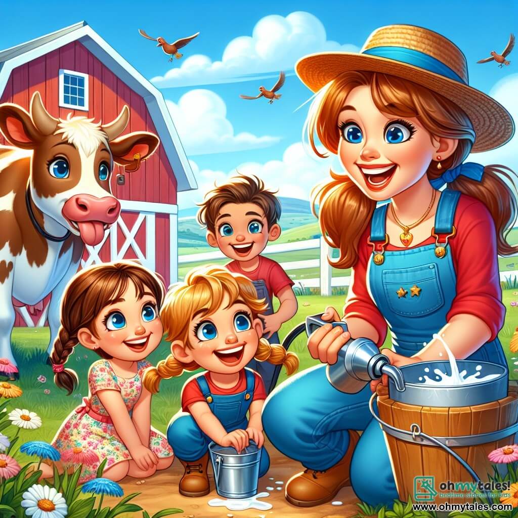 In the center of the image, Lily, a smiling farmer woman with brown hair in a ponytail, is shown wearing blue overalls and a straw hat. She is demonstrating to the children how to milk a cow, with a joyful and enthusiastic expression on her face. To her right, Timmy, an approximately 8-year-old boy with messy blonde hair and a red t-shirt, watches in awe while holding a small metal bucket. On the left, Mia, a 7-year-old girl with braided brown hair and a floral dress, laughs while holding a carrot, ready to feed the animals. The scene takes place on a sunny farm, with a large red barn in the background, surrounded by green fields and colorful flowers dancing in the wind. Peaceful cows graze in the grass, while chickens peck at the ground. The main situation shows Lily teaching the children how to milk a cow, creating a moment of discovery and joy, where the laughter and wonder of the children blend with the sweetness of farm life.