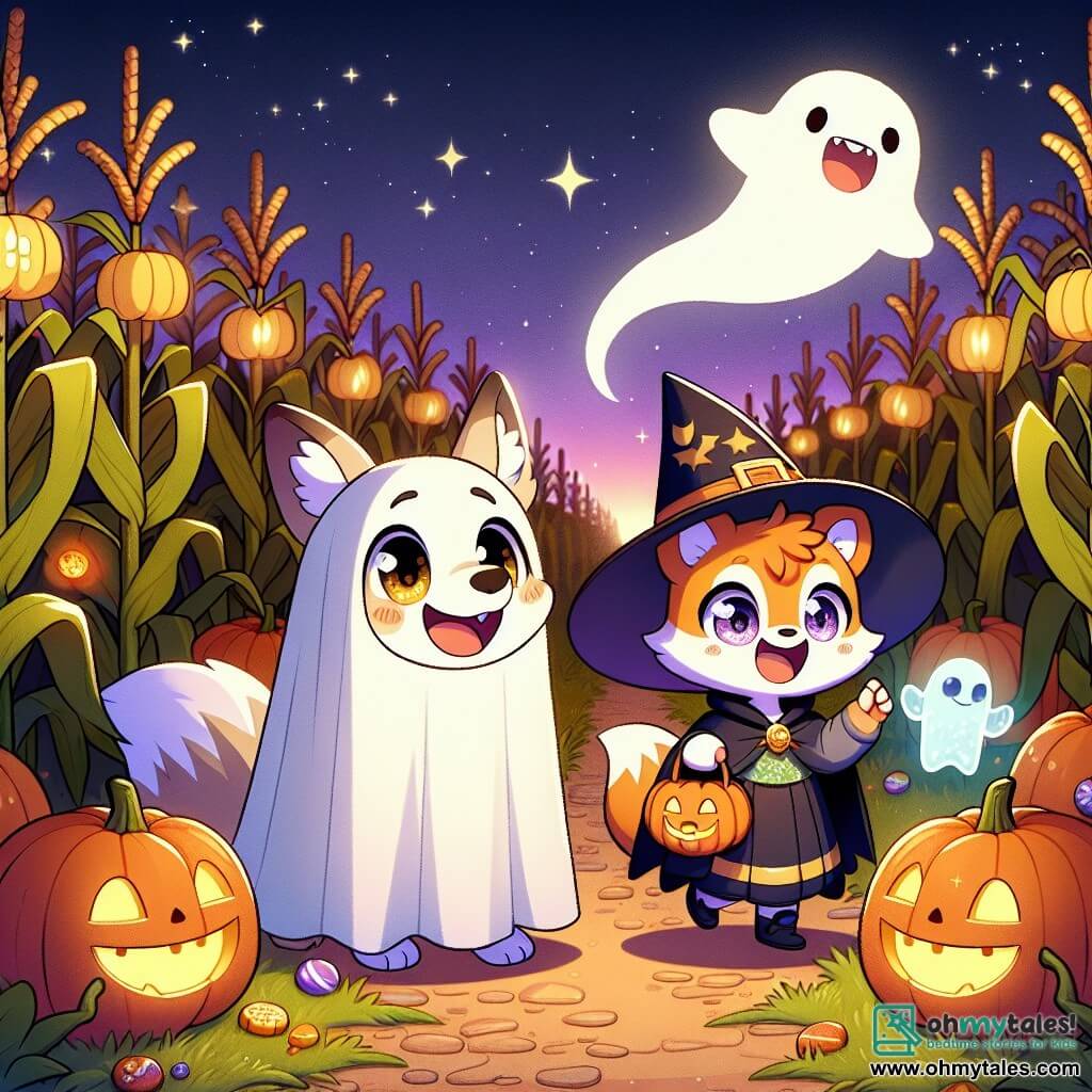 A young fox named Finn, disguised as a ghost with a flowing white sheet, smiles excitedly as he explores a corn maze under a starry sky. Beside him, a small squirrel named Luna, dressed in a witch costume with a pointed hat and sparkling curious eyes, looks around in wonder. In the background, a friendly ghost named Casper, translucent and smiling, floats gently, adding a touch of magic to the scene. The maze is surrounded by tall corn stalks, illuminated by pumpkin-shaped lanterns, creating a warm and mysterious atmosphere. The main focus shows Finn and Luna discovering a hidden treasure at the center of the maze, a small box filled with sparkling candies, as they laugh and marvel at their Halloween adventure.