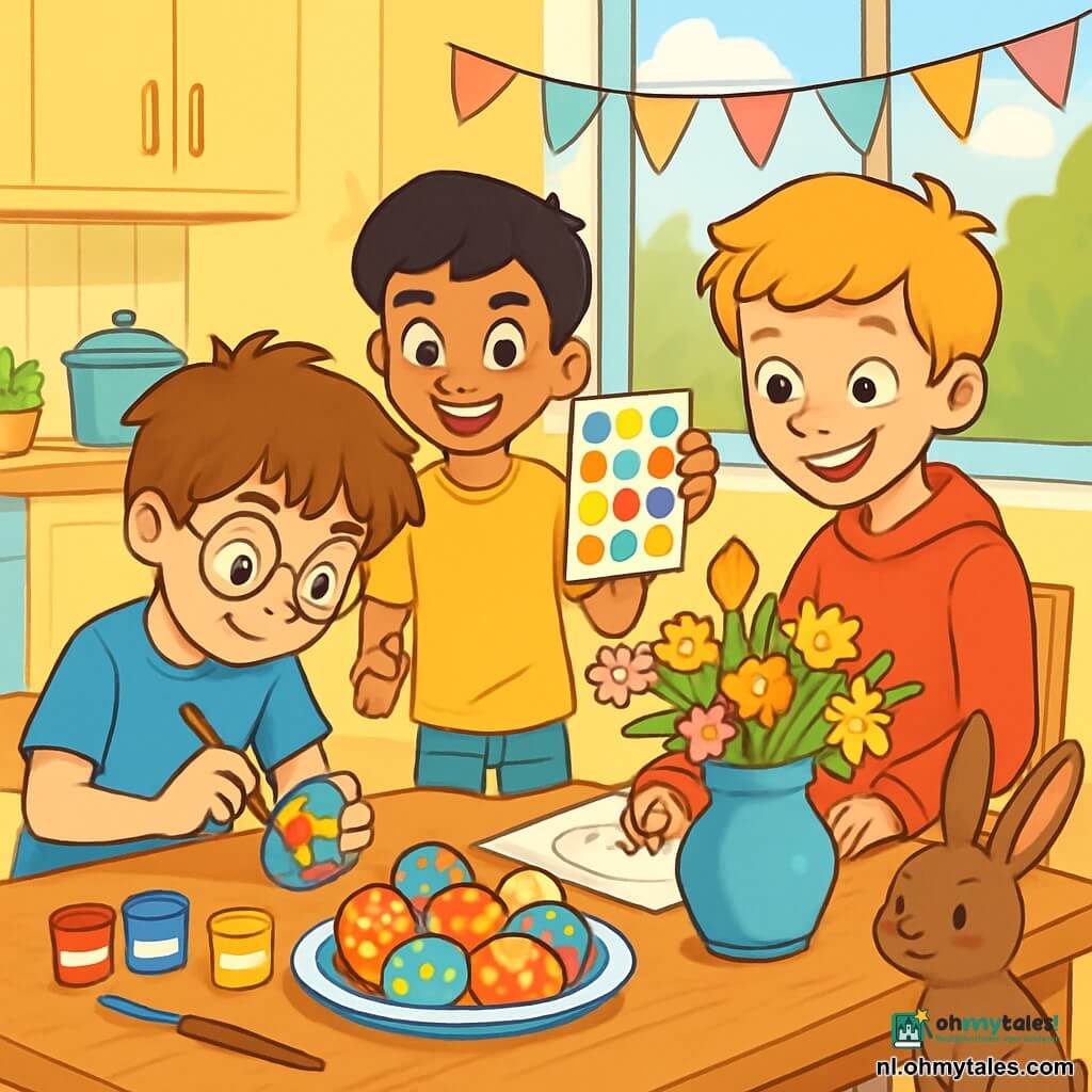 Er zijn 3 personages: - Bram: een 10-jarig jongetje met rommelig kastanjebruin haar en ronde brillen. Hij draagt een blauwe t-shirt en een groene short. Hij leunt over een tafel en schildert een houten ei met felle kleuren. - Sami: een 9-jarig jongetje met zwart, steil haar en een ondeugende glimlach. Hij draagt een gele t-shirt en jeans. Hij staat naast Bram en houdt kleurrijke stickers vast die hij enthousiast toont. - Joep: een 11-jarig jongetje met blond haar en sproeten. Hij draagt een rode sweatshirt en beige broek. Hij zit op een stoel en tekent een groot ei op een vel papier. De situatie speelt zich af in een lichte, uitnodigende keuken met pastelgele muren. De houten tafel is volgeladen met kleurrijke materialen: verfpotten, kwasten en een groot bord vol chocolade-eieren. Papieren slingers versieren de ramen en een groot boeket lentebloemen staat in het midden van de tafel. De jongens zijn vrolijk bezig met het voorbereiden van paaseieren. Ze lachen en wisselen ideeën uit, terwijl een klein konijntje met lange oren en sprankelende ogen hen discreet vanuit een hoekje in de kamer observeert, klaar om hen te helpen bij hun missie.