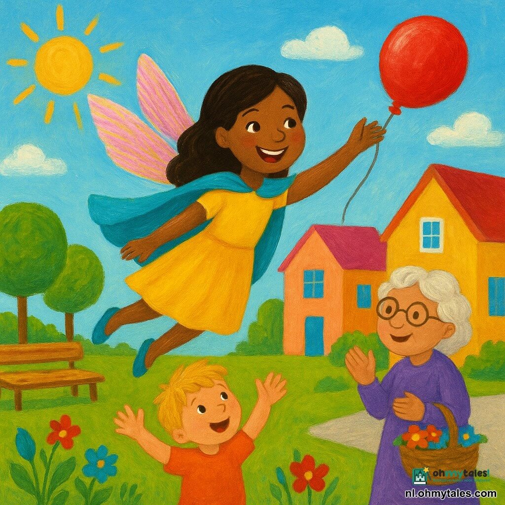 Superheldin Lila Licht is vrolijk en lief, met een brede glimlach en fonkelende ogen; ze draagt rozegouden glinsterende vleugels, een korte turquoise cape en een zonnige gele jurk en reikt naar een rode ballon; een 4‑jarige jongen met rommelig blond haar kijkt verrast en blij en steekt zijn handen naar haar uit terwijl hij op het gras staat; een glimlachende oude vrouw met een bloemenmand applaudisseert op het trottoir naast een kleurrijk huis; het plein heeft pastelkleurige huizen, ronde groene bomen, rode en blauwe bloemen, een houten bank en een lichte blauwe hemel; Lila vliegt met uitgespreide vleugels en pakt zachtjes de ontsnapte ballon terwijl gouden zonnestralen door dunne witte wolken schijnen, warme en veilige sfeer.