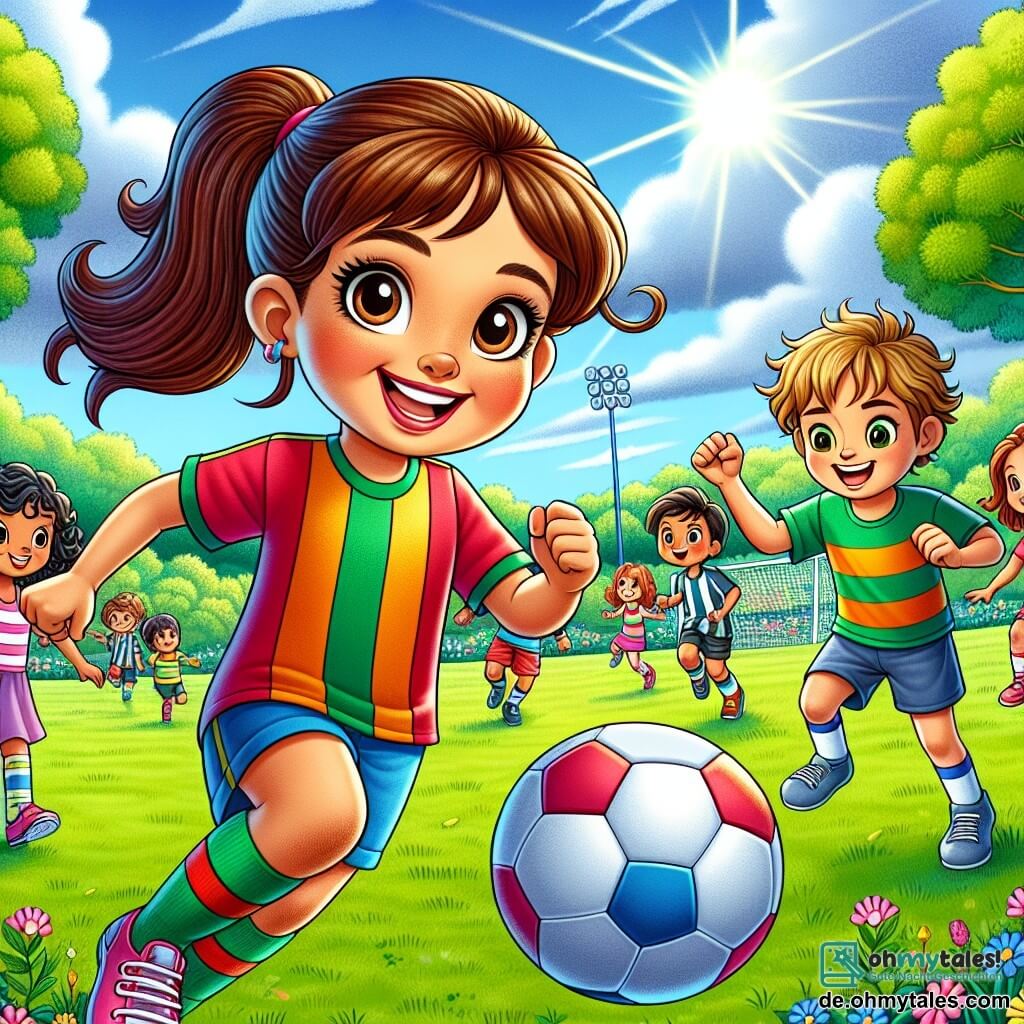 Ein 9-jähriges Mädchen, Lina, mit großen neugierigen Augen und braunen Haaren, die zu einem Pferdeschwanz gebunden sind, lächelt entschlossen, während sie einen Fußball auf einem grünen Feld dribbelt. Sie trägt ein buntes Trikot und Shorts, und ihr Gesicht drückt Freude und Selbstvertrauen aus. Neben ihr ermutigt Tom, ein 11-jähriger Junge mit zerzausten blonden Haaren und einem freundlichen Lächeln, sie, indem er die Arme hebt und seine Unterstützung zeigt. Im Hintergrund spielen Kinder unterschiedlicher Herkunft, Jungen und Mädchen, zusammen und schaffen eine Atmosphäre der Inklusivität und Kameradschaft. Das Feld ist von bunten Blumen und großen Bäumen umgeben, unter einem strahlend blauen Himmel, was einen perfekten Tag zum Fußballspielen symbolisiert. Die Szene fängt den Moment ein, in dem Lina, voller Energie und Leidenschaft, zeigt, dass Fußball für alle da ist, unabhängig vom Geschlecht.