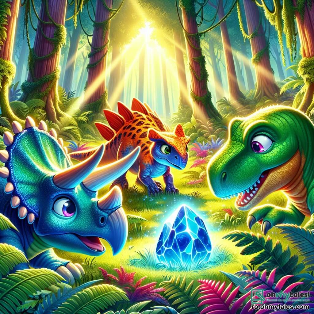 Un triceratops pe nume Trixie, cu o piele verde strălucitoare și trei coarne mărețe pe cap, exprimă o mare curiozitate și entuziasm în timp ce descoperă o piatră albastră misterioasă și strălucitoare într-o pădure densă. Lângă ea, un stegosaurus pe nume Spike, cu plăci dorsale portocalii și o privire atentă, observă piatra cu interes, în timp ce un velociraptor pe nume Roxy, cu pene colorate și ochi sclipitori, se apropie cu un aer intrigat. Decorul este o pădure preistorică luxuriantă, plină de ferigi uriașe și copaci mari, unde razele de soare pătrund prin frunziș, iluminând scena cu o lumină aurie. Situația principală arată cum Trixie, Spike și Roxy explorează împreună, captivați de magia pietrei, pregătiți să trăiască o nouă aventură plină de mistere.