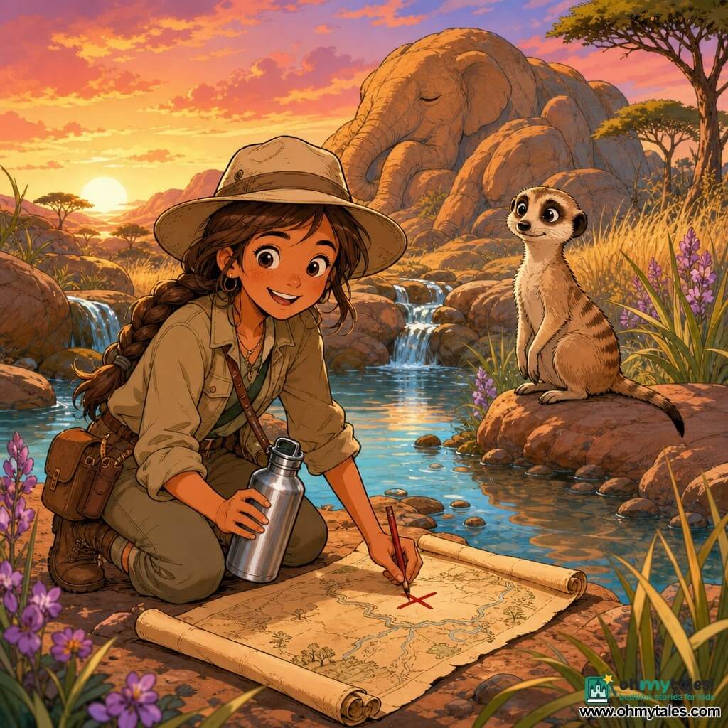 Female explorer, joyful and proud expression, smiling tanned face, braided brown hair under a beige adventurer's hat, khaki jacket and dusty boots; kneeling at the edge of a small clear spring, holding a metal canteen and marking a large map with a red X using a pencil. A curious small meerkat sits on a rock to her right, beige-and-brown fur and alert eyes, like a friend pointing the way. The setting: an elephant-shaped rock formation, smooth ochre rocks, a clearing with golden savanna grasses, purple wildflowers, tiny sparkling waterfalls and clear water reflecting the sky. Main scene: discovering a hidden spring at sunset with warm orange-pink light and reflections on the water, a feeling of wonder and gentle adventure, composition centered on the woman with the meerkat slightly behind. Color palette: warm ochre, orange and pink contrasted with light blue water and green plant accents. Graphic style: clean expressive lines, soft strokes, light shading, child-friendly visuals with exaggerated expressions and readable silhouettes.