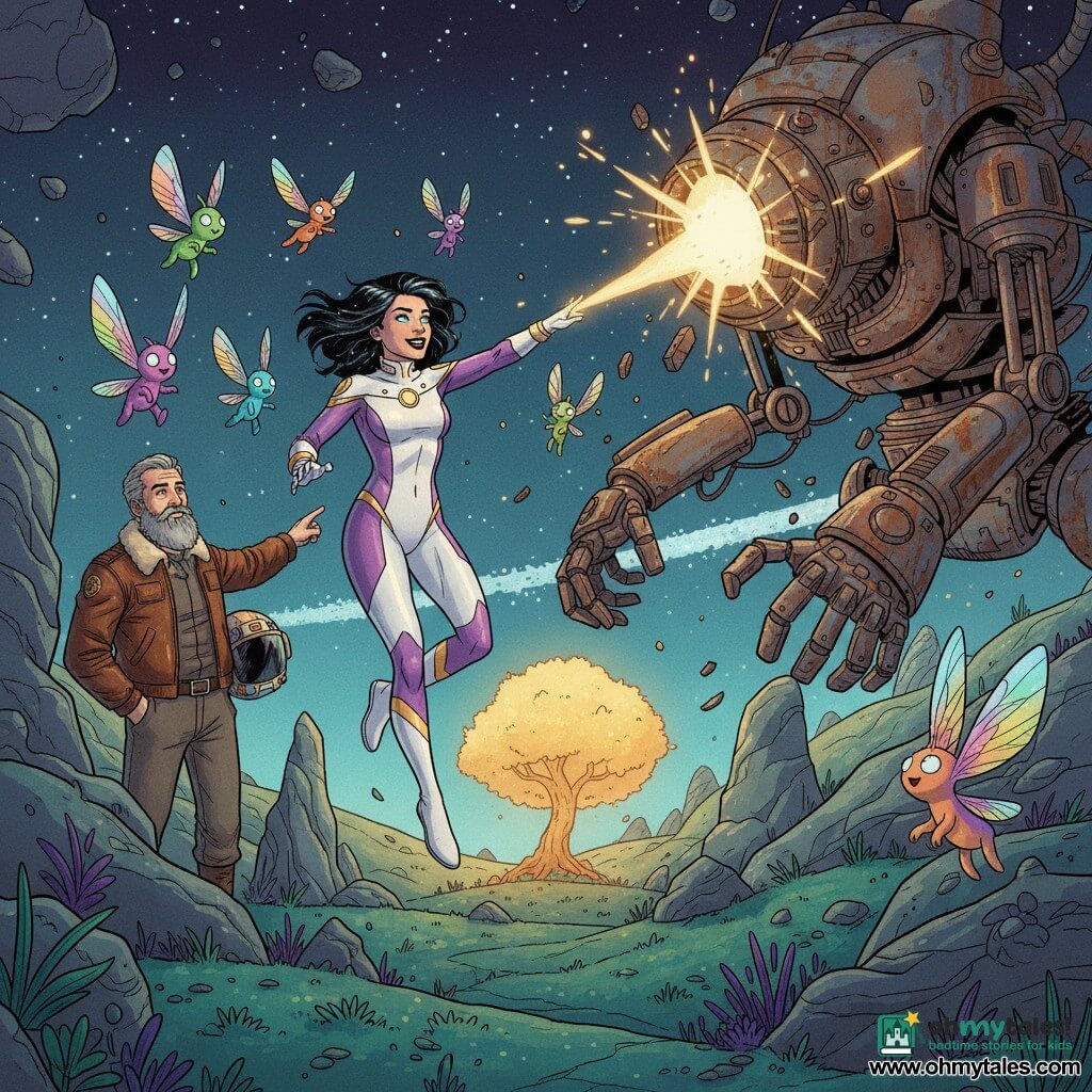 A female hero with black hair threaded with silver like a starry sky, expressive smiling focused face, bright blue-silver eyes, wearing a fitted white-and-violet spacesuit with gold accents, leaping and firing a golden beam of light at a huge rusted enemy machine; Captain Orion, about 45, thick gray beard, helmet under his arm and brown leather pilot jacket, stands slightly left behind, pointing toward the machine with an admiring, reassured look; small colorful 20–30 cm creatures with iridescent rainbow wings and big round bright eyes flutter around her and perch on nearby rocks, joyful and relieved; the massive enemy machine has exposed gears, glowing red eyes and collapsing articulated arms with sparks and flying metal fragments; the scene is on an alien planet with emerald glowing plants, purple grasses, undulating carved rocks and a small central tree emitting a soft golden glow, under a dark starry sky with an asteroid ring on the horizon; vibrant, high-contrast comic-style textures, dynamic composition centered on the heroic action with warm lighting from the hero’s beam and the luminous tree, conveying hope and triumph.