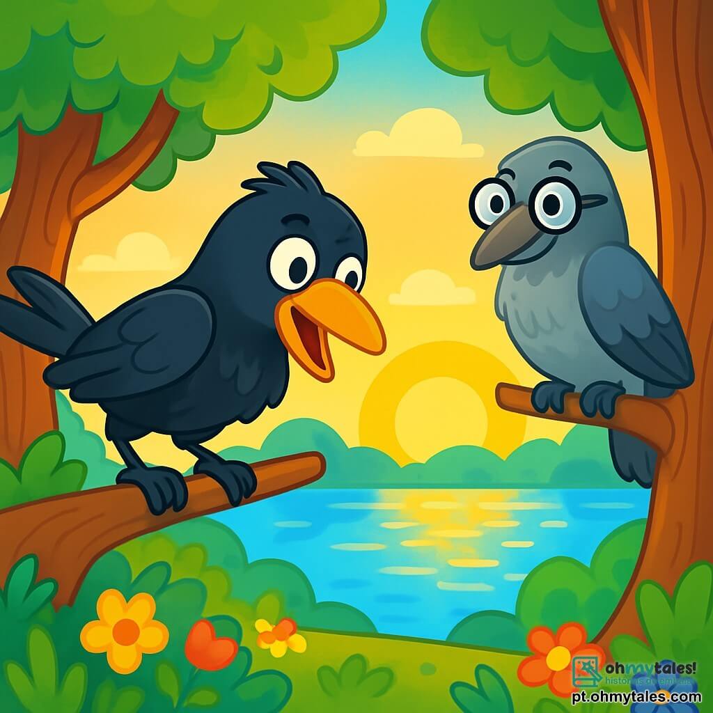 Um corvo de penas pretas brilhantes e olhos cintilantes de excitação, empoleirado em um galho, observa com curiosidade o lago cintilante ao nascer do sol. Ao seu lado, uma corvoa sábia de penas cinzas e óculos redondos, sentada em outro galho, observa atentamente, pronta para dar conselhos. O lugar é uma floresta encantada, com árvores de troncos grossos, folhas verdes vibrantes e flores coloridas que iluminam o solo. A cena principal mostra o corvo, intrigado, se preparando para mergulhar no lago e descobrir o misterioso brilho dourado que dança na superfície da água.