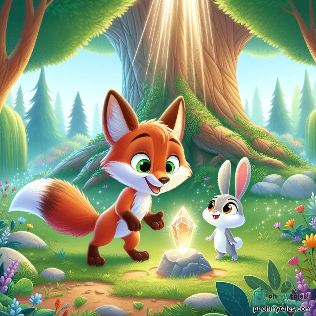 Um raposo chamado Rufus, com um pelo laranja brilhante e olhos cheios de curiosidade, está no centro da cena, pulando de alegria com um grande sorriso no rosto. Ao seu lado, uma pequena coelha chamada Lila, com grandes orelhas e pelo branco, observa Rufus com entusiasmo, pronta para acompanhá-lo em sua aventura. Ao fundo, uma floresta serena e mágica se estende, com árvores majestosas e troncos grossos, enquanto um suave raio de sol filtra através da folhagem, iluminando o chão coberto de flores coloridas. A cena representa Rufus e Lila descobrindo o Cristal da Amizade, um magnífico cristal brilhante colocado sobre uma pedra aos pés de uma grande árvore, cercado por uma luz dourada que brilha, simbolizando a magia da amizade.