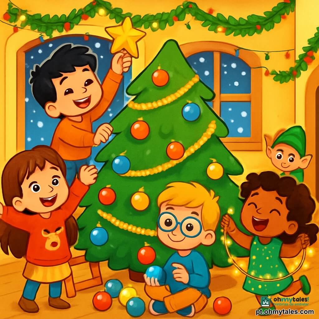 Há 4 crianças: - Sofia: uma menina de 6 anos com longos cabelos castanhos e olhos brilhantes. Ela usa um suéter vermelho com um padrão de rena e está em pé, com os braços levantados, maravilhada com as decorações. - Miguel: um menino de 6 anos com cabelos pretos bagunçados e um grande sorriso. Ele está em uma escada, tentando pendurar uma estrela dourada no topo da árvore de Natal. - Lucas: um menino de 6 anos com óculos redondos e cabelos loiros. Ele está sentado no chão, cercado por bolas de Natal coloridas, escolhendo as que quer pendurar. - Beatriz: uma menina de 5 anos com cabelos cacheados e um vestido verde com bolinhas. Ela está pulando de alegria, segurando uma guirlanda brilhante nas mãos. O local é uma aconchegante casa amarela, decorada com luzes brilhantes e guirlandas de Natal. A árvore, majestosa, está cheia de bolas brilhantes e guirlandas douradas. Flocos de neve caem suavemente do lado de fora, criando uma atmosfera mágica. A cena principal mostra as crianças decorando a árvore de Natal, rindo e se divertindo, enquanto um pequeno duende travesso, escondido em um canto, as observa com um sorriso travesso, pronto para fazer uma de suas famosas brincadeiras.