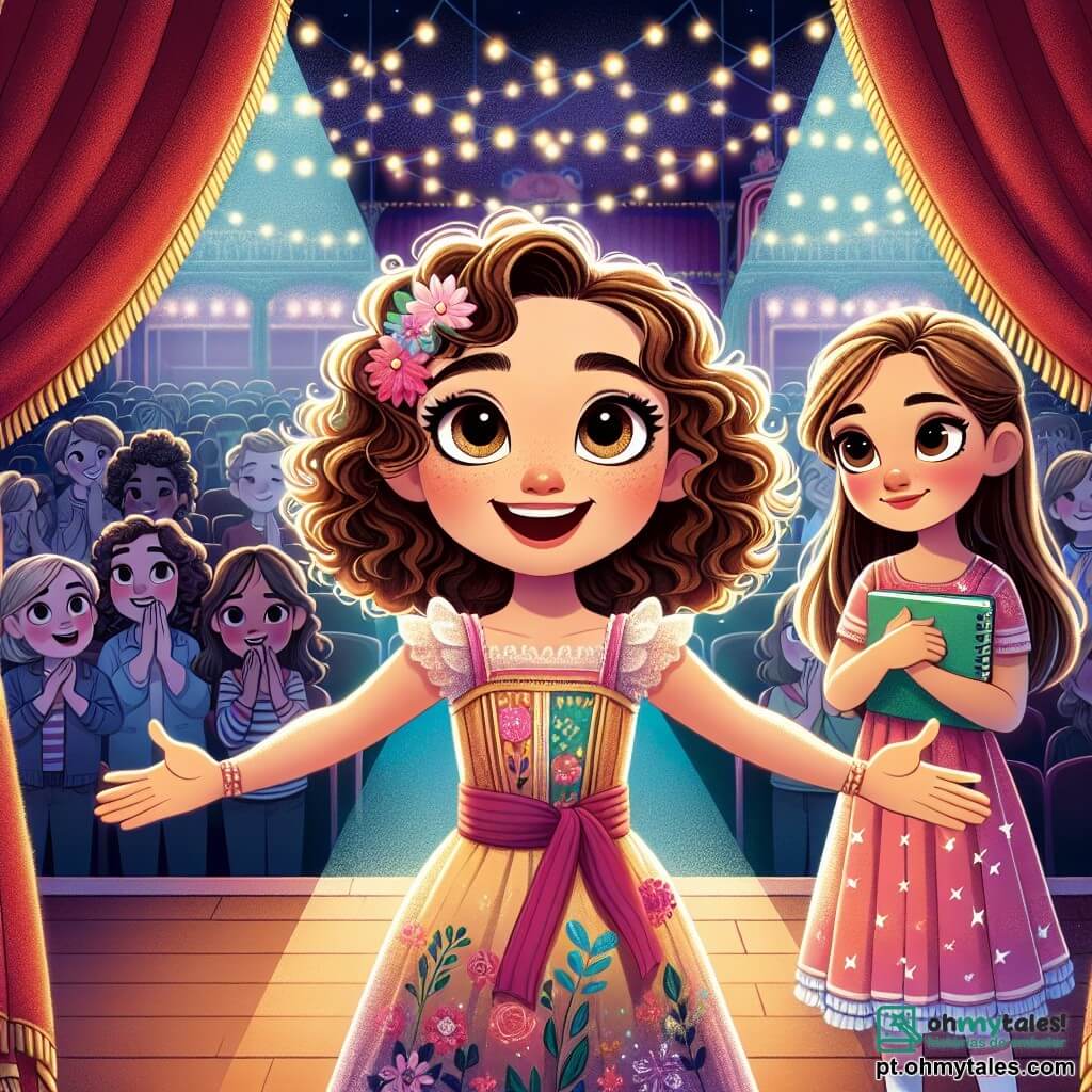 Uma menina de 12 anos, Helena, com cabelos cacheados e olhos brilhantes de curiosidade, está no centro do palco, radiante de confiança. Ela usa um vestido colorido e sorri amplamente, com os braços abertos como se estivesse recebendo o mundo. Ao seu lado, sua melhor amiga Sofia, uma menina de 11 anos com cabelos lisos e castanhos, olha para Helena com admiração, um leve sorriso no rosto, segurando um caderno de esboços nas mãos. O cenário é um palco de teatro, iluminado por refletores cintilantes, com cortinas vermelhas de veludo e decorações coloridas ao fundo representando uma floresta encantada. A situação principal mostra Helena e Sofia, prontas para subir ao palco para sua primeira apresentação, cercadas por um público entusiasmado que aplaude, simbolizando a confiança em si mesmas e a amizade.