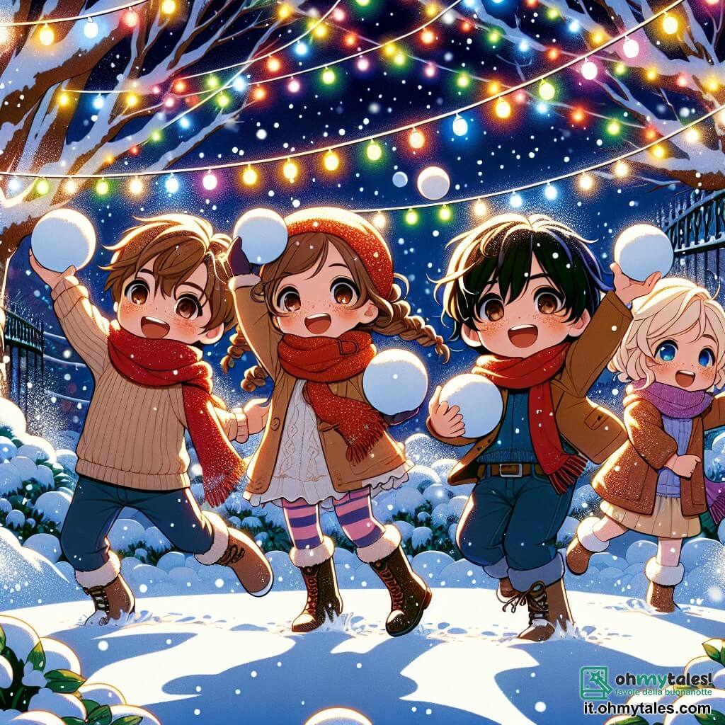 Quattro bambini sono riuniti per festeggiare il Capodanno: 1. **Luca**, un ragazzo di 8 anni con capelli castani e occhiali rotondi, sorride tenendo una palla di neve in mano, pronto a lanciarla. 2. **Giulia**, una ragazza di 7 anni con lunghi capelli biondi intrecciati, salta di gioia con un grande sorriso, circondata da luci colorate che brillano intorno a lei. 3. **Marco**, un ragazzo di 9 anni con capelli neri arruffati, ride mentre si prepara a lanciare la sua palla di neve, le braccia alzate verso il cielo. 4. **Sara**, una ragazza di 8 anni con capelli castani e lentiggini, si trova accanto a Luca, gli occhi brillanti di eccitazione, tenendo una palla di neve pronta per essere lanciata. Si trovano tutti in un giardino innevato, illuminato da ghirlande di luci multicolori appese agli alberi. Il terreno è coperto da uno spesso strato di neve scintillante sotto la luce delle stelle. La scena principale mostra i bambini mentre lanciano palle di neve nel cielo stellato, circondati da fuochi d'artificio che illuminano la notte, creando un'atmosfera festosa e gioiosa.