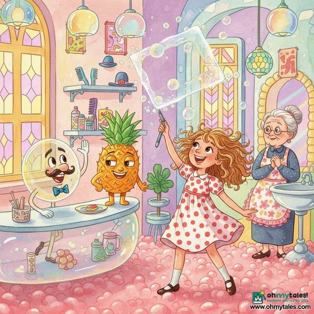 Penny Prickle, a radiant 10-year-old girl with wild light-brown curls in a polka-dot dress, holds an invisible pen aloft, drawing an invisible square with concentration and joy; Bubblesworth, a neat mustached anthropomorphic bubble with a small blue bow tie, grins mischievously behind a floating counter to Penny's left, waving a bubble-hand like a hairdresser; Sir Pineapple, a sturdy expressive pineapple on a shelf behind Penny, looks proud and spiky, ready to be the square's target; the grandmother, about 70, with a gray bun and floral apron, watches fondly from near a sink with hands folded; the setting is a lounge of translucent bubbles and pastel stained glass with a pink bubble-gum floor, iridescent globe lamps, floating colorful posters and absurd props; main action: Penny's invisible square makes nearby bubbles bounce and tickle, shown by sparkling ripples and bouncing bubbles, creating a whimsical, colorful, dynamic scene of visible movement and suspended laughter.