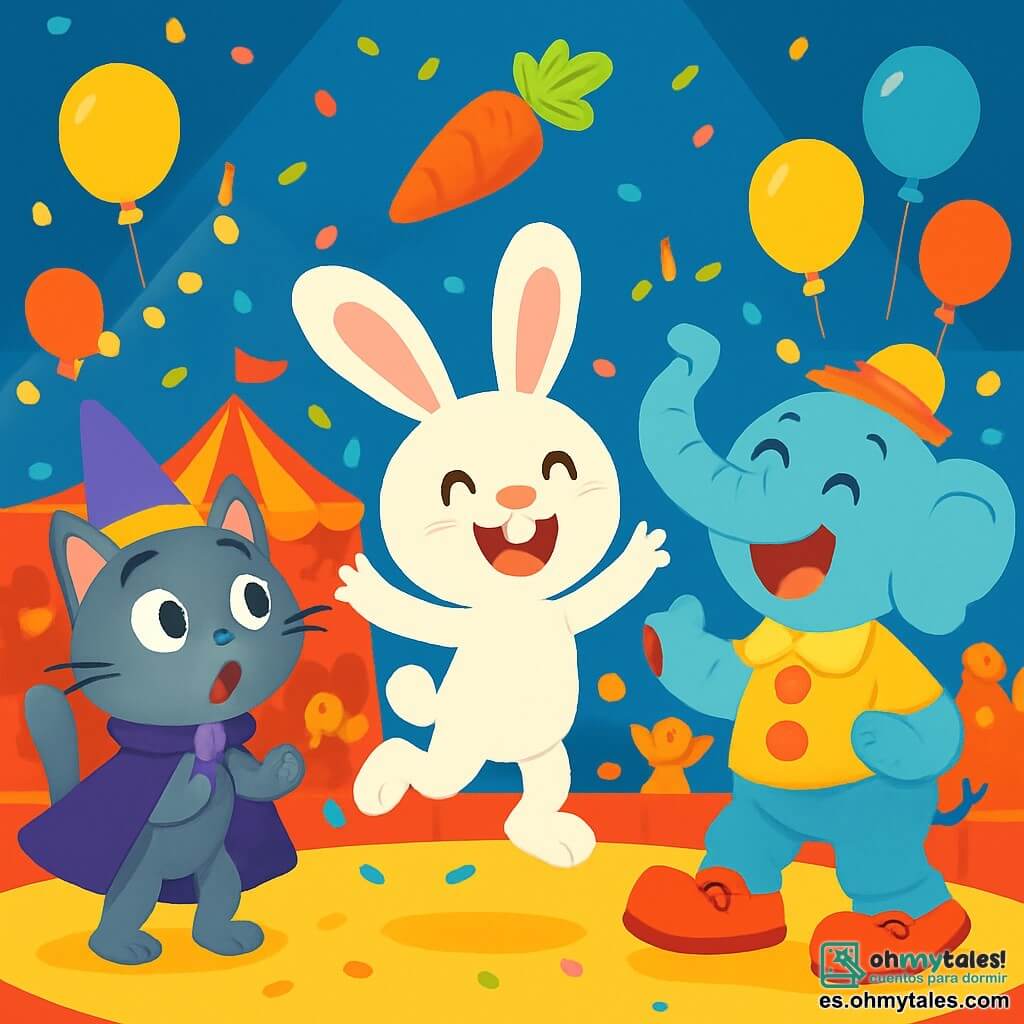 Un pequeño conejo blanco llamado Pepe, con grandes orejas y una sonrisa brillante, salta de alegría en el centro de una pista de circo, rodeado de luces brillantes y globos coloridos. A su derecha, un elefante payaso llamado Trompitas, con una gran trompa roja y zapatos gigantes, ríe mientras intenta atrapar una zanahoria brillante que vuela en el aire. A la izquierda, un gato gris llamado Patas, vestido con una capa violeta y un sombrero puntiagudo, mira la zanahoria con ojos desorbitados, maravillado y divertido. El circo está lleno de colores vibrantes, con carpas a rayas rojas y amarillas, confeti flotando en el aire y espectadores alegres aplaudiendo alrededor de la pista. La escena principal muestra a Pepe, Trompitas y Patas en plena acción, riendo y corriendo tras la zanahoria mágica que revolotea sobre ellos, creando un ambiente festivo y mágico.