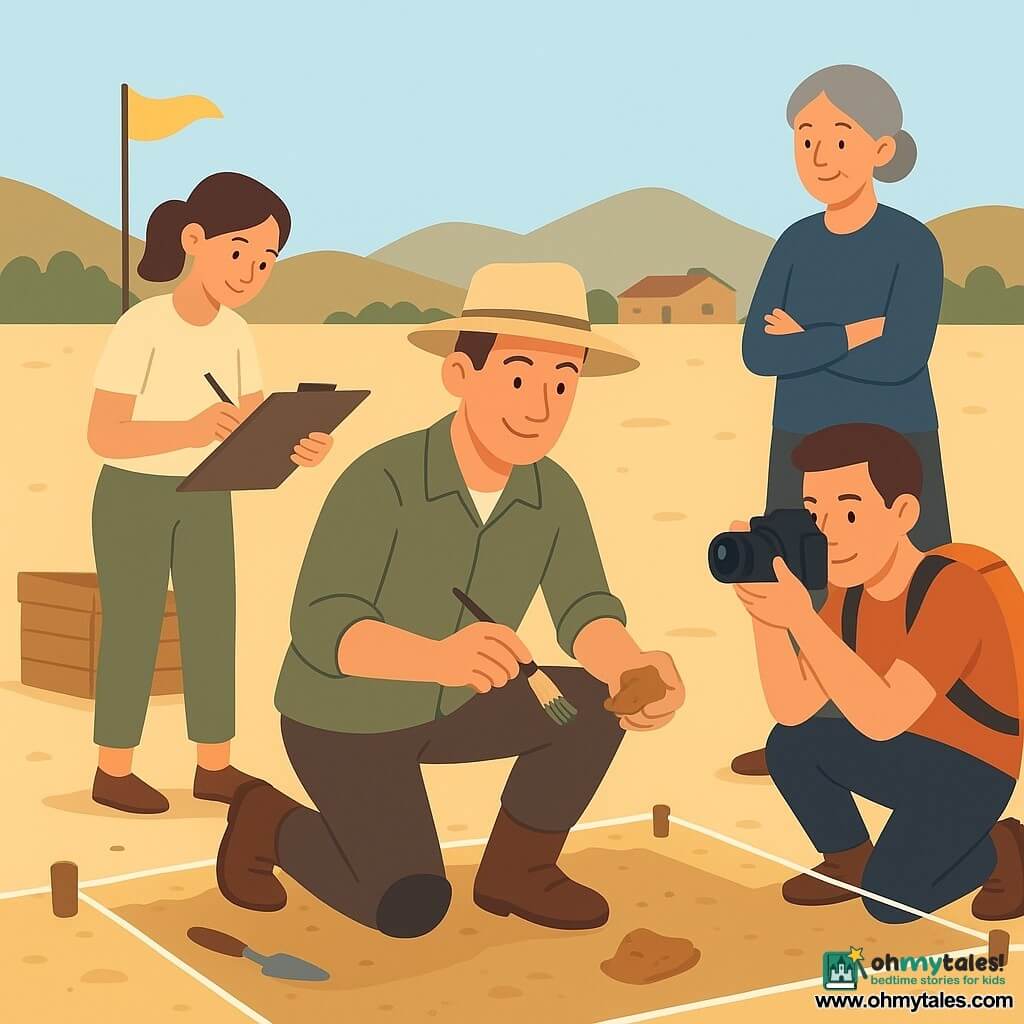 A smiling, focused 35-year-old male archaeologist kneeling on light sandy ground, carefully holding a small pottery shard in one hand and a fine brush in the other, wearing a khaki jacket, wide beige hat, brown boots and knee pads; to his left a 25-year-old female cartographer with her hair tied back stands drawing a plan on a large clipboard resting on a wooden crate; to his right a crouched 30-year-old male photographer with short hair points a black camera at the fragment with an orange backpack beside him; slightly behind, a kindly 55-year-old female village advisor with gray tied-back hair stands with folded hands; the outdoor dig site shows square trenches marked by white strings, a yellow tape fluttering in the breeze, small wooden crates, brushes and trowels laid out, low houses and gentle hills in the background under a pale blue sky — the team calmly and carefully uncovers the small pottery fragment in the first square in a soft, studious morning atmosphere with simple composition, flat contrasting colors and clear, child-friendly shapes.