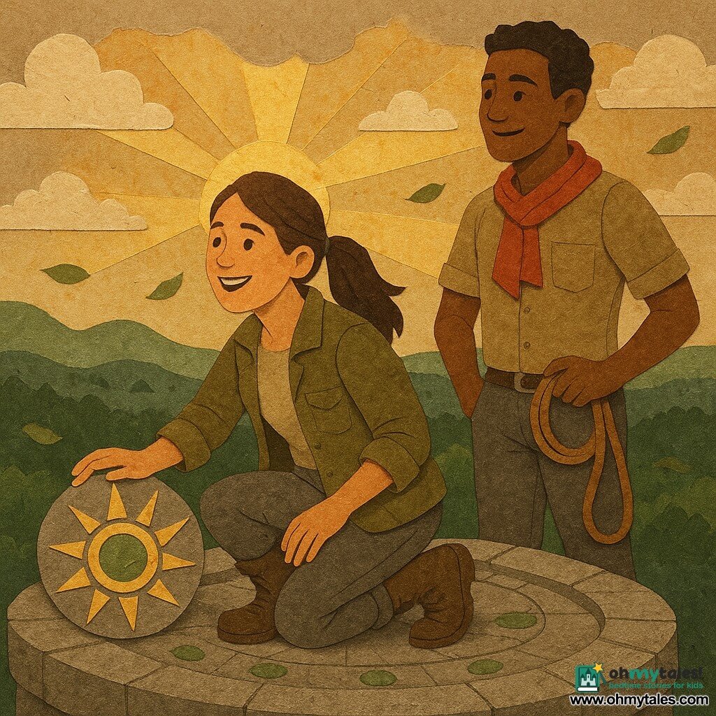 A smiling, awed female explorer in her thirties with brown hair in a ponytail, a worn khaki jacket, gray hiking pants and muddy boots kneels on a round gray stone platform, touching a carved sun inlaid with a green stone as a sunbeam lights her warm, bright-eyed face; a slim, tan male guide around 30 with short black hair, a light shirt and red scarf stands just behind her at the summit's edge holding a rope, looking to the horizon with pride and relief in a protective posture and slight smile; the summit features engraved patterns and a ring of small green inlaid discs, low clouds and a sea of green forest below, wind stirring leaves and dust, golden sunlight piercing the clouds—a calm moment of triumph with restrained victory, contrasting deep greens, rocky grays and touches of gold, and visible paper-cut textures (irregular edges, layered pieces, cast shadows).