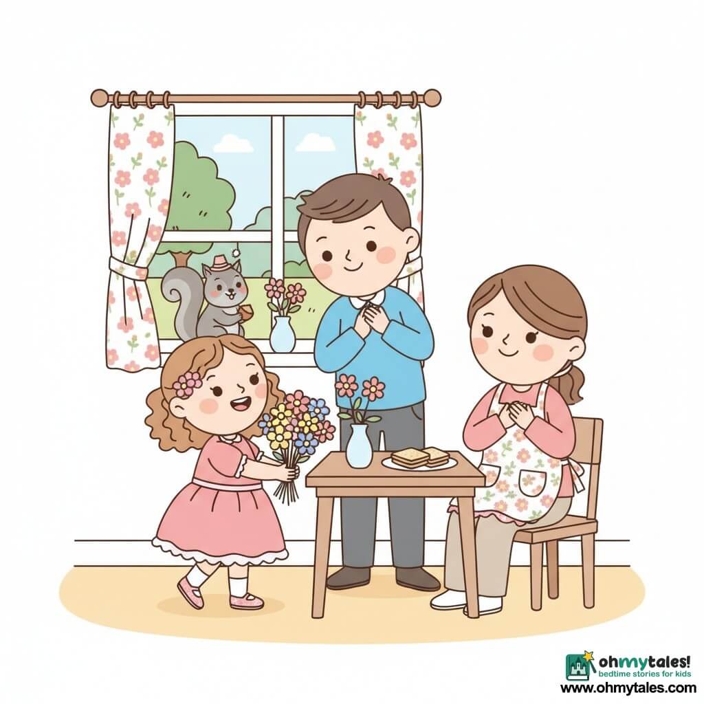 A joyful, wide-eyed 4-year-old girl with light brown curly hair in a pink ruffled dress and sparkly shoes offers a colorful bouquet of yellow, pink and purple flowers to her smiling, emotional mother—about 30, with tied brown hair and a floral apron—who sits at a small wooden kitchen table with her hands on her heart; the father—about 35, kind, in a bright blue shirt—stands behind the girl applauding and leaning toward the table to help; a small gray squirrel wearing a tiny hat holds a nut on the windowsill; the sunny kitchen has light walls, a wooden table with a plate of sandwiches and a simple vase, a floral curtain and an open window to a green park; warm, soft colors with vivid contrasts, cute exaggerated expressions and a centered, child-friendly composition.