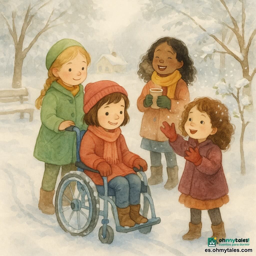 Cuatro niñas: Sofía (≈8 años), pelo castaño corto, gorro rojo, sentada en una silla de ruedas azul claro mirando la nieve en sus ruedas; Luna (≈7 años), trenza rubia, abrigo verde manzana, apoyando la mano en el respaldo; Valeria (≈8 años), pelo negro suelto, bufanda amarilla, sosteniendo una taza de chocolate humeante y riendo; Martina (≈6 años), pelo castaño rizado, guantes rojos, sacudiendo una ramita que hace caer copos. Escena: pequeño parque nevado por la mañana, bancos y árboles con nieve, huellas en el suelo y una casa al fondo; estilo acuarela suave, colores pastel y texturas de nieve polvo con halos de vapor.