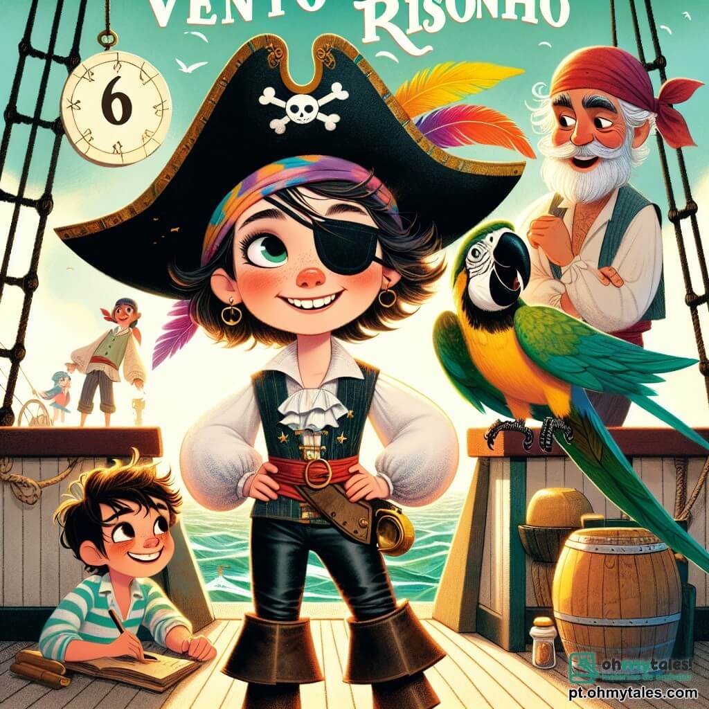 Valente, uma jovem pirata com um sorriso radiante e olhos curiosos, está orgulhosamente no convés do navio Vento Risonho. Ela usa um grande chapéu preto com penas coloridas e uma camisa branca de mangas bufantes, enquanto suas calças de couro têm pequenas estrelas douradas. Seu papagaio Bolacha, com penas verdes e amarelas, está empoleirado em seu ombro, rindo alegremente. Ao lado dela, Tico, um garoto de 10 anos com cabelo bagunçado e um bandana vermelho, observa o céu com admiração, segurando um telescópio. Mais adiante, Zé Pipoca, um homem idoso com barba branca e um avental de cozinha, prepara um prato em um pequeno fogo, sorrindo enquanto escuta as risadas da tripulação. O navio navega em um mar azul brilhante, com ondas cintilantes sob o sol dourado. No horizonte, uma ilha misteriosa aparece, cercada por recifes coloridos e palmeiras dançantes. Valente, cheia de entusiasmo, mostra o velho pergaminho do tesouro para sua tripulação, pronta para a aventura, enquanto Bolacha faz uma piada, aumentando a excitação do momento.