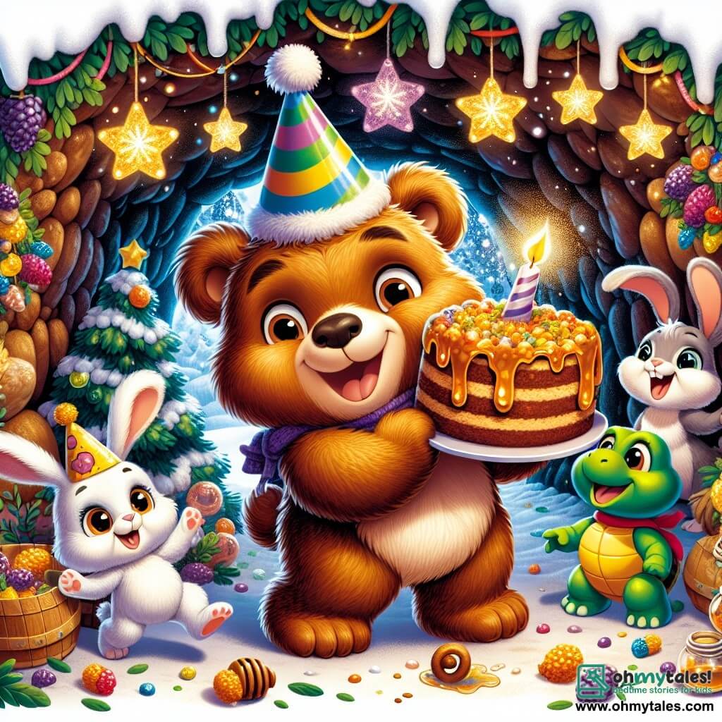 Benny, a soft brown teddy bear with a big smile and sparkling eyes, is at the center of the scene, surrounded by colorful New Year decorations. He holds a large honey cake in his paws, radiating excitement and happiness. Lila, a small bunny with big ears and white fur, is next to him, hopping with joy while wearing a party hat, her eyes shining with enthusiasm. Toby, a green and shiny turtle, stands a bit back, smiling contentedly while holding a garland of colorful berries, ready to help decorate. The setting is a warm and inviting cave, illuminated by twinkling stars on the walls, with gentle snowflakes falling outside, creating a magical and festive atmosphere. The main scene shows Benny and his friends preparing for a big New Year party, filled with laughter and joy as they decorate the cave with garlands and sparkling lights, ready to welcome all their forest friends.