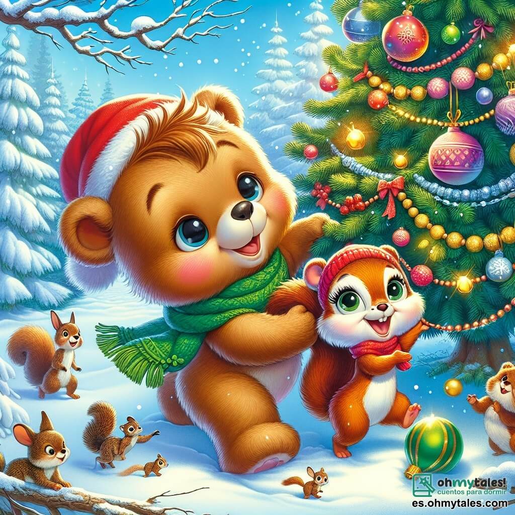 Un pequeño oso de peluche llamado Max, con un suave pelaje marrón, un pequeño sombrero rojo y una bufanda verde, muestra una expresión de emoción y determinación mientras empuja un gran árbol de Navidad decorado con guirnaldas brillantes y bolas de colores. A su lado, una pequeña ardilla llamada Lili, con un pelaje de un vibrante color rojizo y grandes ojos brillantes, sonríe alegremente mientras sostiene una rama del árbol para ayudar. El escenario es un encantador claro nevado, rodeado de árboles cubiertos de nieve, con copos que caen suavemente del cielo azul claro. A lo lejos, animales del bosque, como conejos y pájaros, observan la escena con curiosidad y entusiasmo. La situación principal muestra a Max y Lili unidos en un esfuerzo colectivo, levantando juntos el árbol de Navidad caído, simbolizando la amistad y la magia de la Navidad.