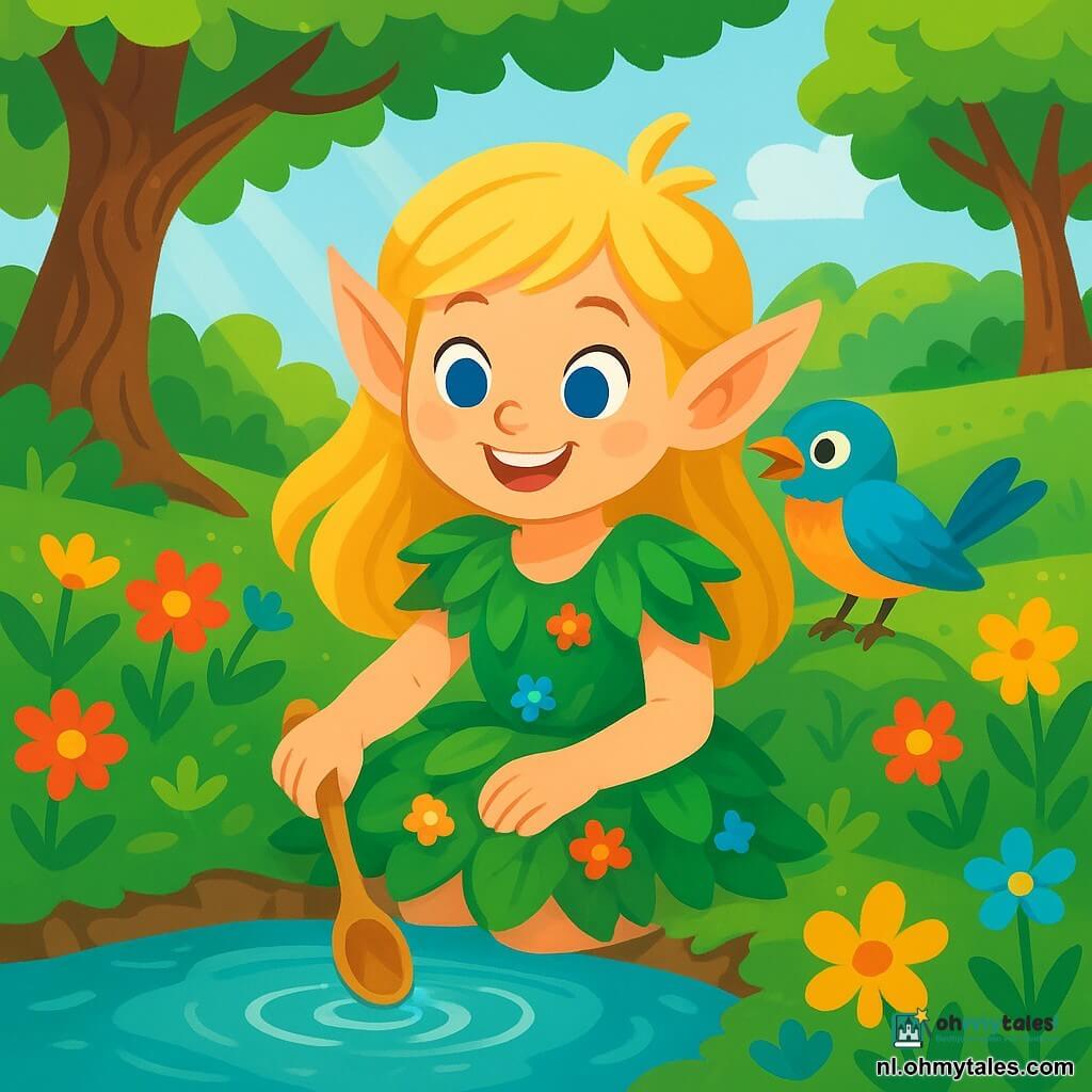 Elin, een klein elfje met puntige oren en gouden haar, zit aan de rand van de Sereenbron. Haar gezicht straalt met een blije glimlach en haar ogen glinsteren van opwinding. Ze draagt een jurk van groene bladeren, versierd met kleine kleurrijke bloemen, en houdt een houten lepel in haar delicate handen, klaar om de magie van de bron te wekken. Naast haar zit een klein ventvogel, een vogel met glanzende veren en sprankelende ogen, op haar schouder. Het is een prachtige betoverde tuin, met levendige bloemen, majestueuze bomen en een helder water dat schittert in de zon. Elin is van plan de Sereenbron te wekken door het water met haar houten lepel aan te raken, in de hoop de magie te laten ontspringen en vreugde terug te brengen in de vallei.