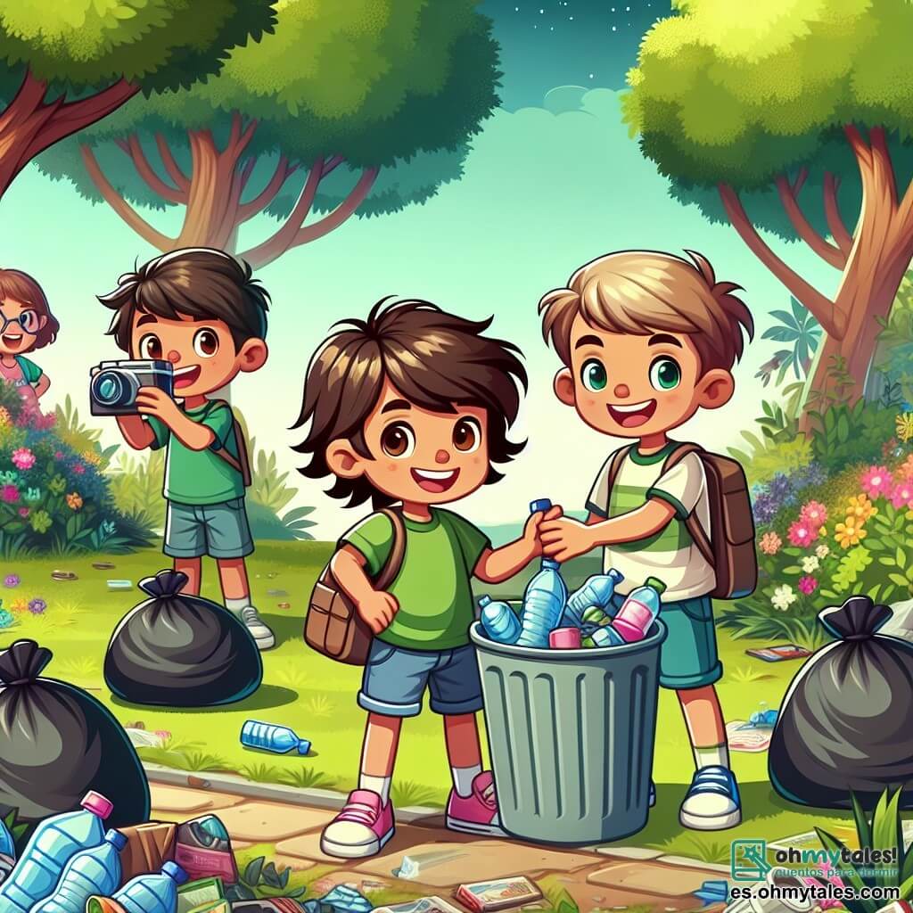 Un niño de 10 años, Lucas, con el cabello castaño alborotado y ojos llenos de determinación, lleva una camiseta verde y un pantalón corto azul. Sonríe con orgullo, sosteniendo un gran contenedor lleno de basura que acaba de recoger. A su lado, Ana, una niña de 9 años con cabello largo y rubio, está recogiendo botellas de plástico, su rostro radiante de entusiasmo. Javier, un niño de 10 años con gafas y cabello castaño, toma fotos con una cámara, un poco apartado pero con una gran sonrisa. El parque es verde, con árboles majestuosos y flores coloridas, pero lleno de basura. La escena muestra a Lucas y sus amigos en plena acción, limpiando el parque, rodeados de bolsas de basura y desechos esparcidos, ilustrando su compromiso con la ecología.