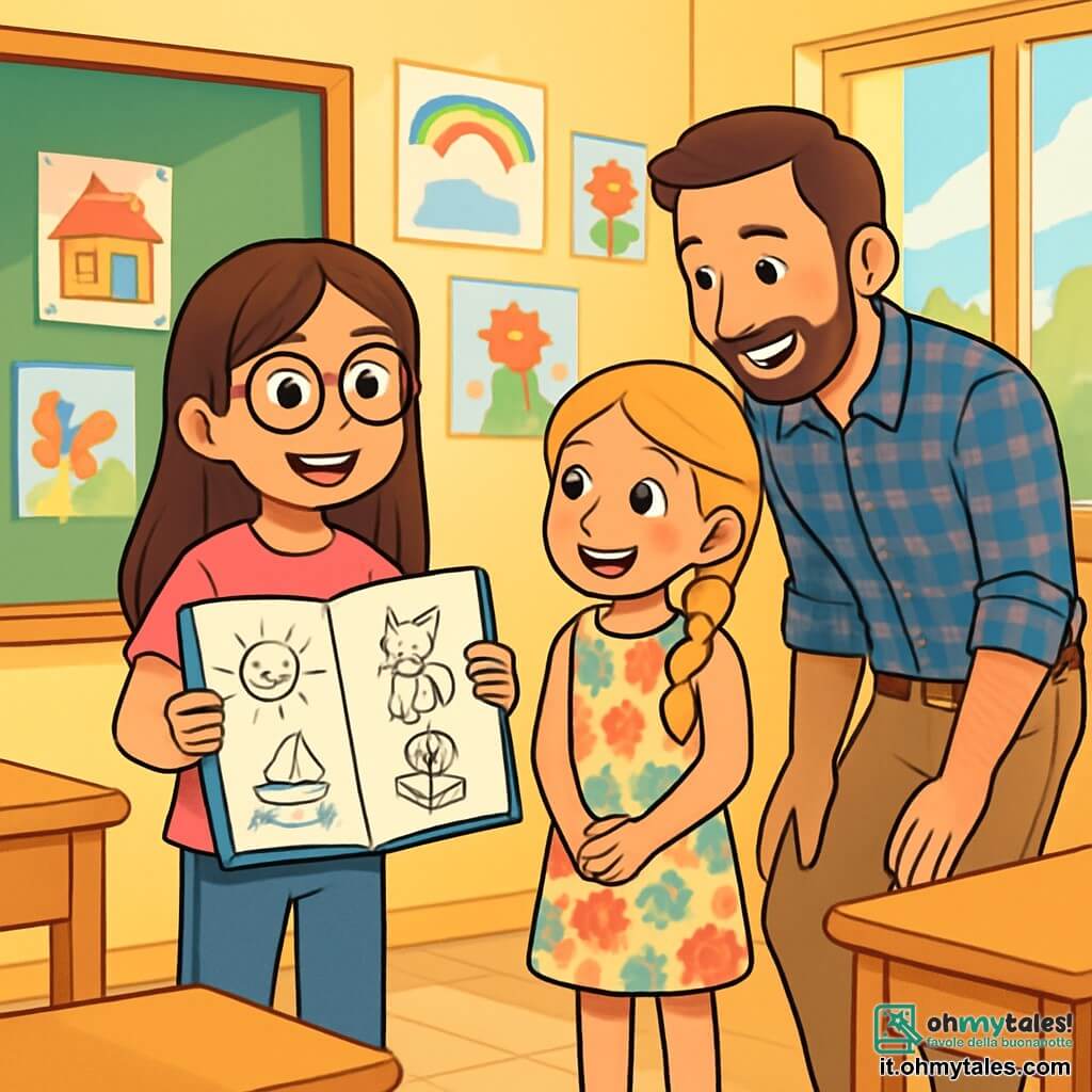 Ci sono 3 personaggi: - Sofia: una ragazza di 9 anni, con lunghi capelli castani e occhiali rotondi. Indossa una maglietta rosa e jeans blu. Sofia è in piedi, con un grande sorriso, mentre tiene un quaderno da disegno pieno di illustrazioni. - Martina: una ragazza di 9 anni, con capelli biondi intrecciati e occhi scintillanti. Indossa un vestito a fiori colorati e sandali. Martina è accanto a Sofia, ammirando i disegni della sua amica. - Il signor Russo: un uomo di circa 35 anni, con capelli corti e barba ben curata. Indossa una camicia a quadri e pantaloni beige. Il signor Russo è leggermente inclinato in avanti, sorridendo e incoraggiando Sofia mentre presenta i suoi disegni. La scena si svolge in un'aula luminosa, con pareti dipinte di giallo chiaro. Poster colorati mostrano disegni di bambini e progetti artistici. Ci sono banchi di legno ben ordinati e una grande finestra che lascia entrare la luce del sole, illuminando i volti dei bambini. La situazione principale mostra Sofia, nervosa ma emozionata, mentre presenta le sue illustrazioni alla classe. È davanti a una lavagna, mentre i suoi compagni e il signor Russo la ascoltano attentamente, circondati da disegni colorati appesi alle pareti. I volti dei bambini esprimono meraviglia e ammirazione per il talento di Sofia.