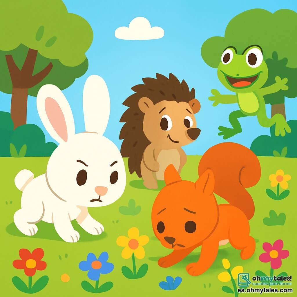 Un pequeño conejo llamado Tito, con un pelaje suave y blanco, grandes orejas levantadas y ojos brillantes de curiosidad, busca una nuez perdida con una expresión decidida en su rostro. A su lado, Lila, una pequeña ardilla de pelo rojizo y ojos chispeantes de tristeza, busca entre las flores coloridas, con las patas estiradas hacia el suelo. Al fondo, Nino, un erizo con púas marrones y una sonrisa amistosa, observa atentamente, listo para ayudar, mientras que Gaby, una rana verde con grandes ojos redondos, salta alegremente a su alrededor. El decorado es un prado soleado, lleno de flores vibrantes, con un cielo azul claro y árboles majestuosos al fondo. La escena muestra a Tito y sus amigos en plena búsqueda, rodeados de naturaleza, ilustrando el espíritu de ayuda y amistad.