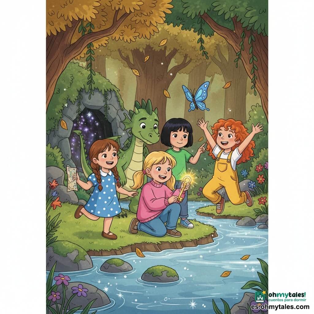 Hay cinco personajes: cuatro niñas de 5 años —Sofía, cabello castaño en trenza, vestido azul con lunares, a la izquierda sosteniendo una pequeña carta y sonriendo; Valentina, pelirroja rizada con peto amarillo, a la derecha saltando de alegría; Luna, pelo negro en corte recto con camiseta verde, señalando una gran mariposa azul sobre el agua; Clara, rubia con coletas y suéter rosa, en el centro junto al borde del agua, agachada mostrando una llave dorada brillante— y Drago, un joven dragón pequeño de escamas verdes brillantes y ojos suaves, inclinado detrás de los niños sonriendo y mirando la llave. Lugar: una ribera encantada en un bosquecillo con agua clara que reluce, piedras musgosas, hojas doradas que caen, flores brillantes y al fondo una pequeña cueva oscura con lianas y reflejos mágicos. Situación: acaban de encontrar la llave dorada; Clara la exhibe triunfante, los demás aplauden y el dragón sonríe; todos se preparan para entrar en la cueva y abrir un cofre antiguo.