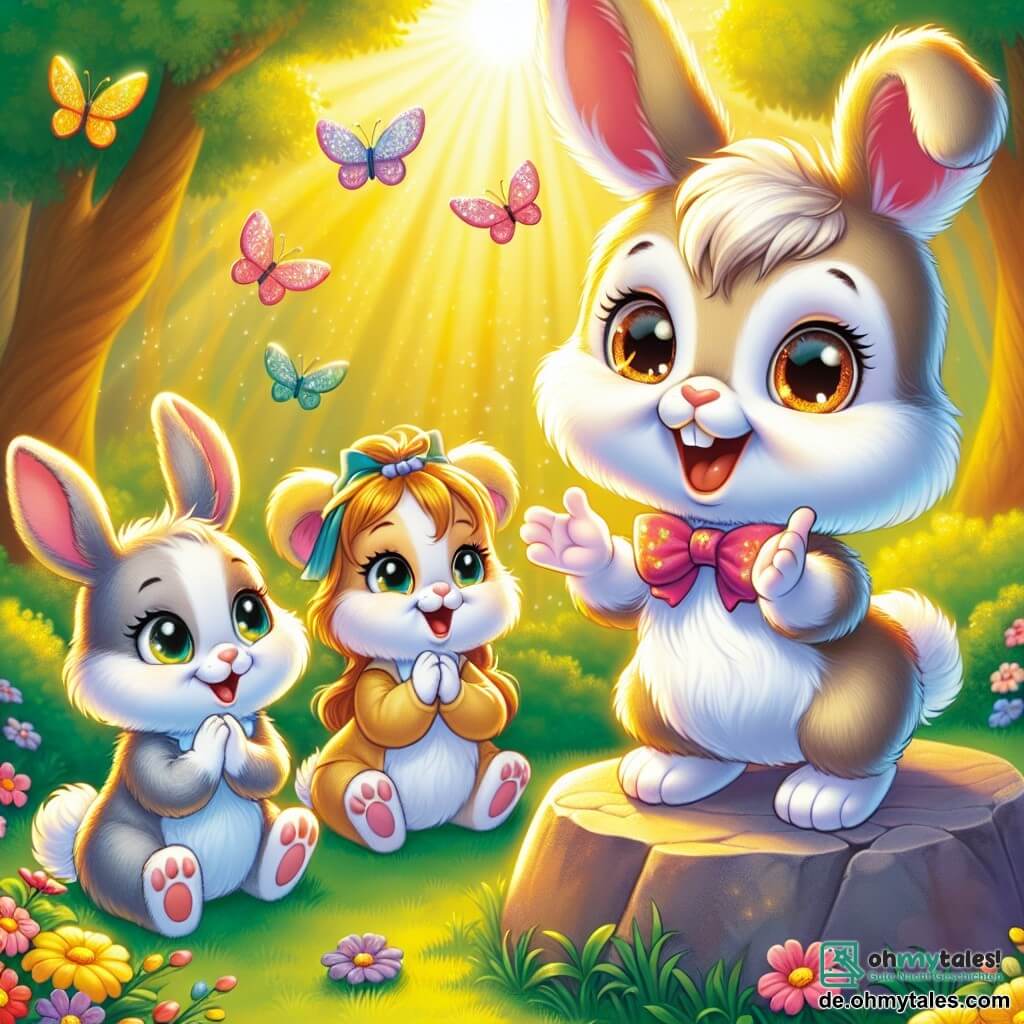 Ein kleiner Hase mit weichem, seidigem Fell, großen Ohren und einem strahlenden Blick erzählt begeistert eine Geschichte. Er steht auf einem kleinen Stein in einer sonnigen Lichtung, umgeben von bunten Blumen, die im Wind tanzen. In der Nähe applaudiert ein kleines Häschen mit leuchtenden Augen und geschickten Pfoten, voller Bewunderung für seinen Freund. Ein etwas größerer Hase mit leicht gedrehten Ohren und einem neugierigen Blick hört aufmerksam zu, während er auf dem grünen Gras sitzt und gebannt dem Bericht lauscht. Die Szene spielt in einer verwunschenen Lichtung, die von goldenem Licht durchflutet wird, wo majestätische Bäume einen schützenden Kreis um die jungen Hasen bilden. Bunte Schmetterlinge fliegen um sie herum und verleihen der fröhlichen Atmosphäre einen Hauch von Magie. Der kleine Hase teilt eine abenteuerliche Geschichte und fesselt seine Freunde mit lebhaften Gesten und einem strahlenden Lächeln, was zeigt, dass jeder etwas Einzigartiges zu bieten hat, egal welche Herausforderungen er begegnen mag.