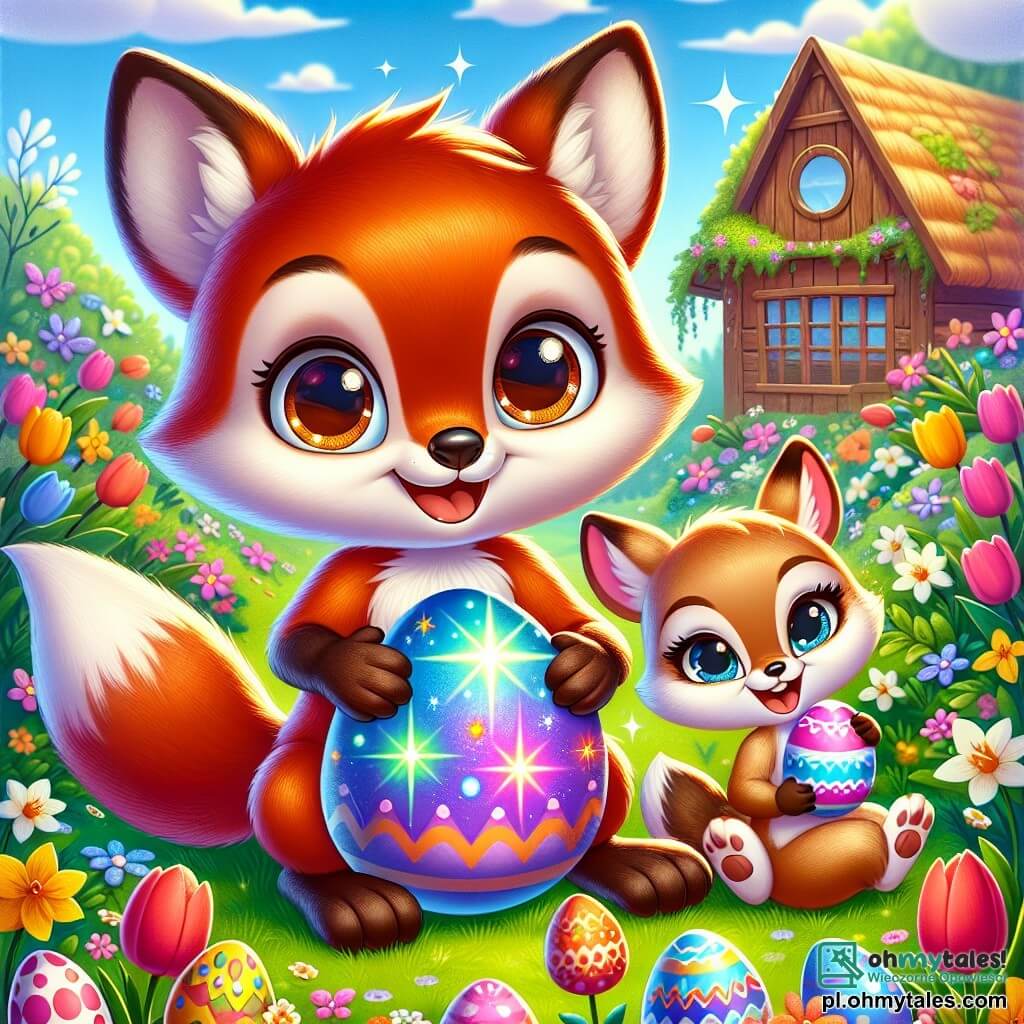 Mały lisek o imieniu Feliks, z błyszczącym rudym futrem i dużymi ciekawymi oczami, siedzi w kolorowym ogrodzie, trzymając w łapkach magiczne jajko wielkanocne w jasnych, błyszczących kolorach. Na jego twarzy widać wyraz zdumienia i radości. Obok niego stoi jego młodsza siostra Zosia, młoda lisica o kremowym futrze i brązowych plamkach, uśmiechając się entuzjastycznie, z uniesionymi rękami w geście zwycięstwa, odkrywając kolejną niespodziankę w ogrodzie. Ogród jest pełen jaskrawych kwiatów, tulipanów i żonkili, z jajkami wielkanocnymi ukrytymi tu i ówdzie, a na niebie widać białe puszyste chmurki. W tle mała drewniana chatka dodaje uroku scenie. Główna sytuacja pokazuje Feliksa i Zosię w trakcie poszukiwań, otoczonych magią Wielkanocy, w radosnej atmosferze.
