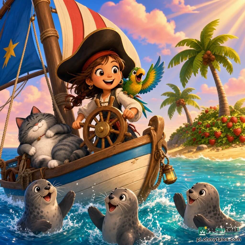 Maja to około 8-letnia dziewczynka-piratka o okrągłej twarzy i piegach, w dużym czarnym kapeluszu, z promiennym uśmiechem i figlarnymi oczami, pewnie trzymająca błyszczące drewniane koło sterowe; kot Kłapek to mały, pulchny szary pręgowany kocur wylegujący się przy maszcie po lewej i mruczący; papuga Bubu to samiec w zielono-żółto-niebieskich piórach na prawym ramieniu Mai, radosne „Hura!” i trzepot skrzydeł; trzy małe foki bawią się z przodu łodzi przy rufie, machając lśniącymi płetwami; statek Perełka to niewielki biało-niebieski drewniany jacht z kolorowymi żaglami, lekko przechylony na łagodnej fali; w tle niska wyspa otoczona turkusową wodą, złotym piaskiem, pochylonymi palmami i krzakami truskawek; niebo z różowymi chmurami i złotym promieniem światła prowadzącym łódź — scena po małej magicznej burzy, załoga szczęśliwa, ciepła atmosfera, nasycone kolory, migoczące refleksy na wodzie i łagodny ruch fal.