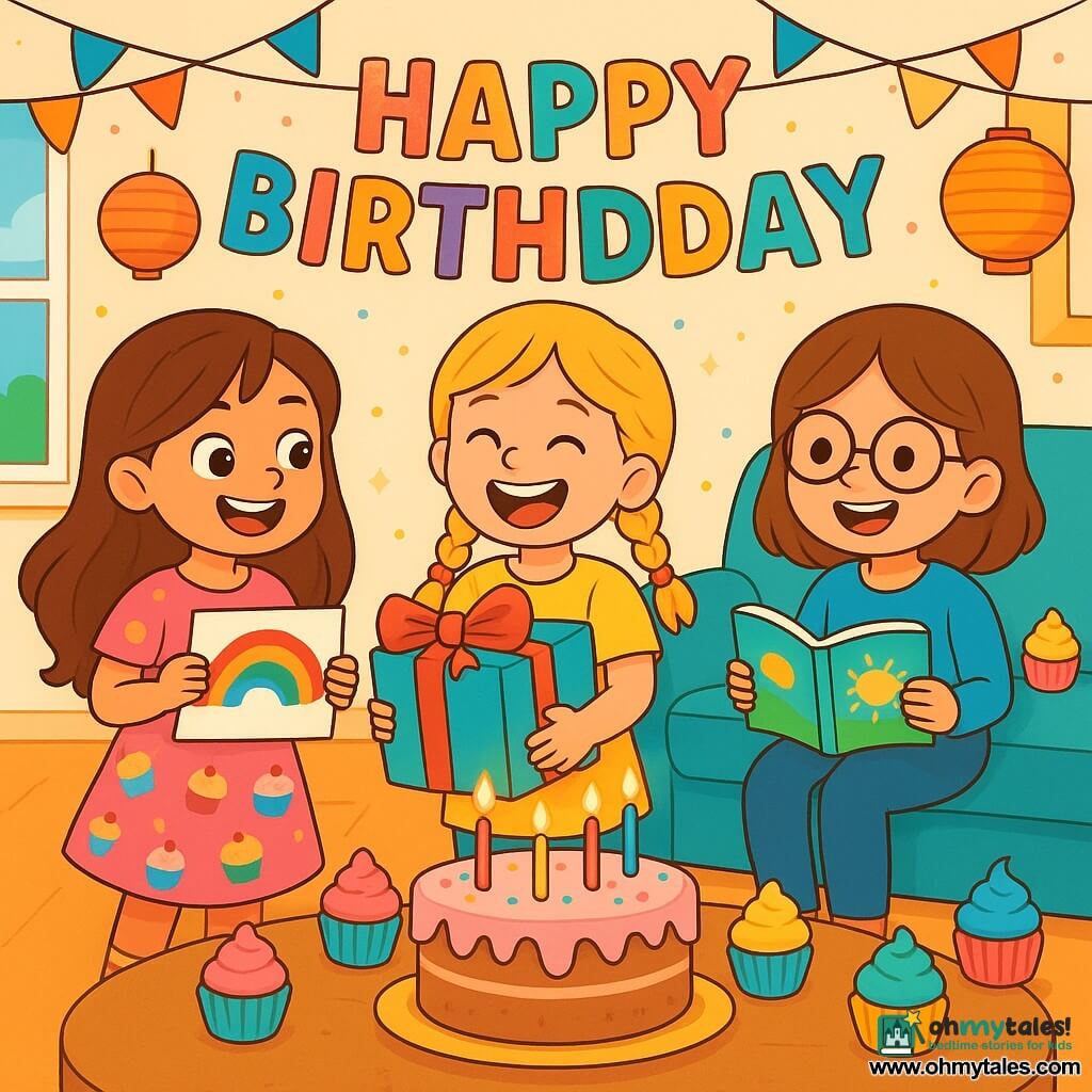 There are 3 characters: Mia, an 8-year-old girl with long brown hair and sparkling eyes, wearing a pink dress with cupcake patterns and holding a colorful piece of paper; Zoe, an 8-year-old girl with braided blonde hair and a big smile, wearing a bright yellow t-shirt and striped socks, laughing while holding a large gift with a huge bow; and Ava, an 8-year-old girl with brown hair and round glasses, wearing a blue blouse and holding a small illustrated book, sitting on the couch surrounded by cupcakes. The setting is a bright living room decorated with colorful garlands and paper lanterns. A large birthday cake sits in the center of the table, surrounded by cupcakes with colorful frosting, and the walls are adorned with a big "Happy Birthday" banner in sparkling letters. The main scene shows the three friends gathered around the table, laughing and getting ready to blow out the candles on the cake, filled with laughter and joy in a festive and warm atmosphere.