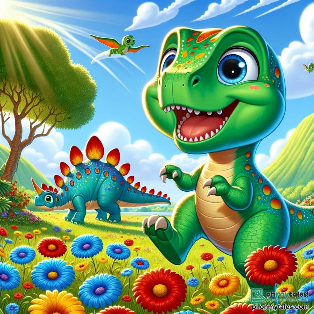 Młody Tyrannosaurus Rex o imieniu Timo, z jaskrawozieloną skórą i dużymi ciekawskimi oczami, radośnie stoi pośrodku kolorowej łąki, z szerokim uśmiechem na twarzy. Skacze z radości, otoczony czerwonymi, żółtymi i niebieskimi kwiatami tańczącymi na wietrze. Obok niego stoi duży stegozaur o imieniu Stefi, z kolorowymi płytkami grzbietowymi i przyjaznym spojrzeniem, pochylony, by podziwiać kwiaty, dodając scenie odrobinę delikatności. W tle mały dinozaur o pomarańczowej skórze z łzami w oczach stoi blisko drzewa, wyglądając na zagubionego i smutnego. Łąka jest skąpana w świetle, z zielonymi wzgórzami i niebieskim niebem usianym puszystymi chmurami, tworząc radosną i przyjazną atmosferę. Timo i Stefi, odkrywając zagubionego małego dinozaura, przygotowują się, by pomóc mu znaleźć drogę, ilustrując magię przyjaźni i solidarności.