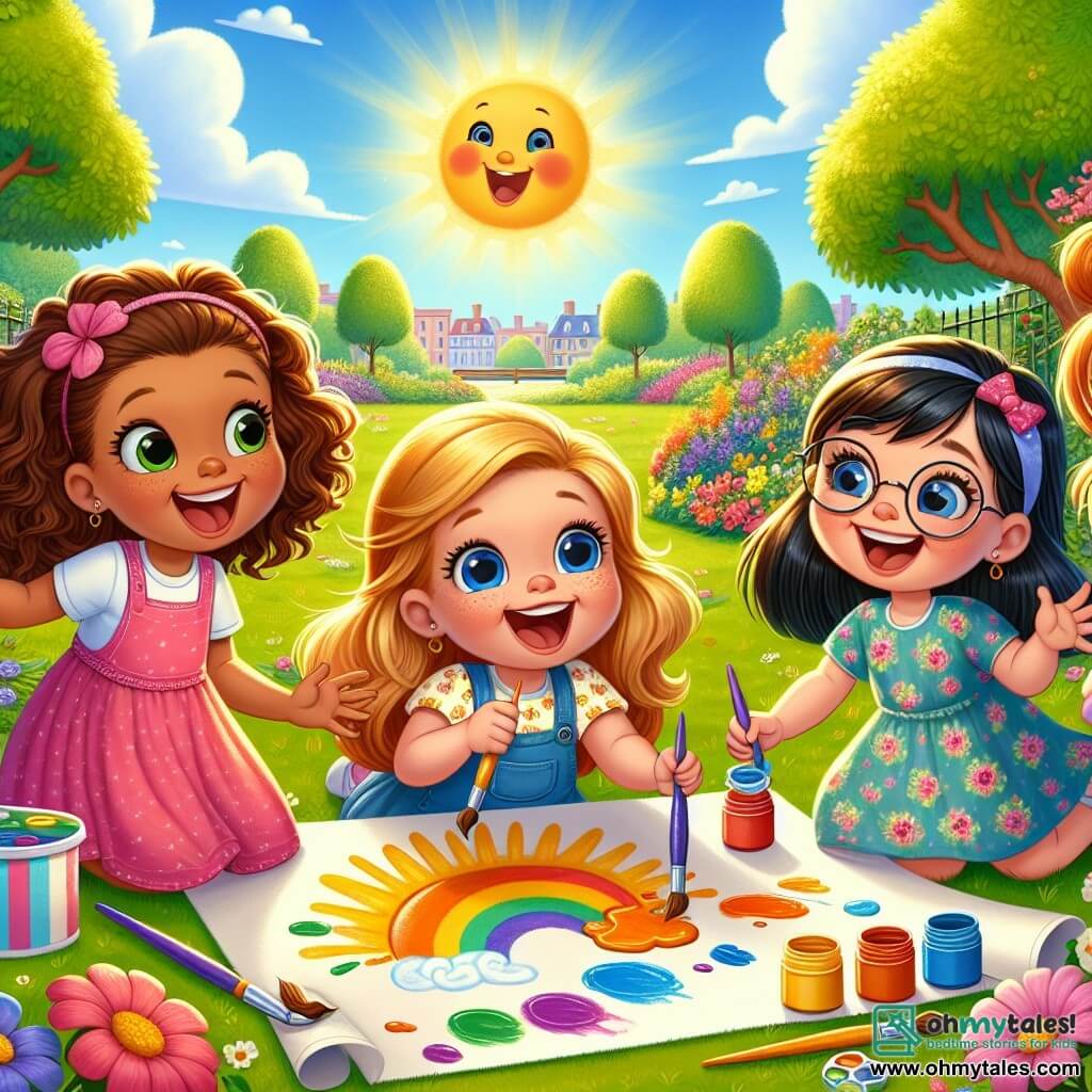 Four joyful little girls, aged 6 to 7, are gathered around a large sheet of paper on the green grass of a sunny park. Mia, with curly brown hair, wears a pink dress and holds a paintbrush, smiling. Next to her, Lily, with braided blonde hair and a yellow blouse, pours paint into a palette. Ava, with straight black hair and a blue t-shirt, watches in awe as the colors mix. Finally, Zoe, with red hair and round glasses, wears a floral dress and is about to paint a big sun on the sheet. The park is filled with colorful flowers, green trees, and a bright blue sky, creating a joyful summer atmosphere. Sunlight illuminates the scene, adding a touch of magic. The girls are getting ready to paint a big yellow sun, laughing and encouraging each other as their brushes dance on the paper, creating a lively and happy work of art.