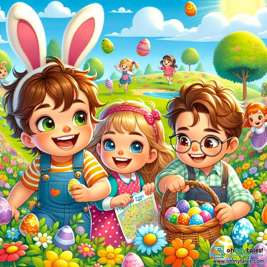A 5-year-old boy, Oliver, with messy brown hair and sparkling eyes, wears a large rabbit hat that falls over his eyes. He holds a blue basket filled with colorful eggs, smiling with excitement as he bends down to pick up a shiny egg in a field of flowers. Next to him, Mia, a 6-year-old girl with two blonde pigtails and a pink polka-dot dress, jumps for joy while pointing at an egg hidden behind a flower. A little further away, Tommy, a 5-year-old boy with round glasses and brown hair, carefully examines a treasure map, looking focused and curious. The setting is a sunny park filled with colorful flowers dancing in the wind, with lush green trees and a blue sky dotted with fluffy white clouds. The main scene shows Oliver, Mia, and Tommy in the midst of an Easter egg hunt, laughing and running together, searching for hidden eggs among the flowers, filled with excitement and friendship.
