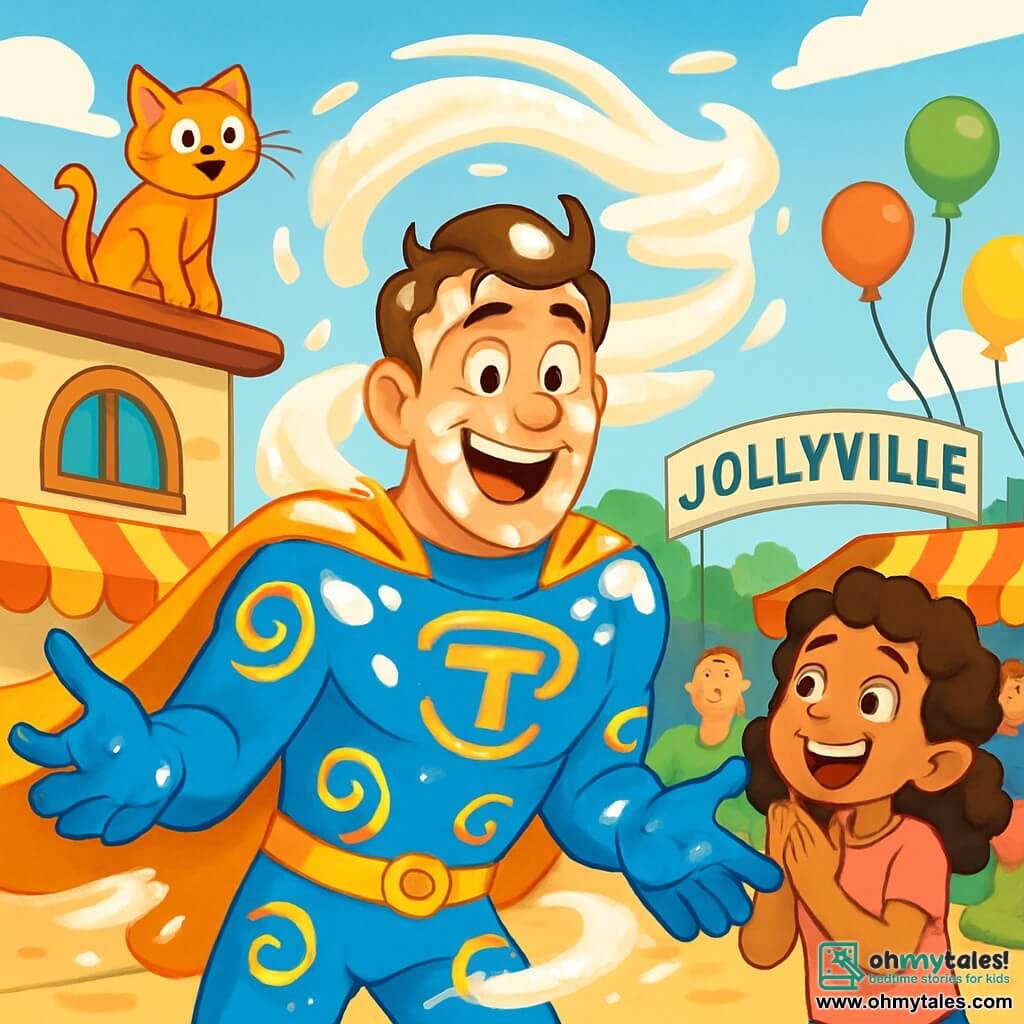 A man, Captain Twister, is at the center of the image, wearing a bright blue costume adorned with yellow swirls. He has a big amused smile and sparkling mischievous eyes, covered in flour after a comedic fall. Beside him, an 8-year-old girl with curly hair in a pink t-shirt is clapping and laughing, her eyes shining with admiration. In the background, an orange cat is perched on the roof of a bakery, meowing anxiously. The scene takes place on a lively street in Jollyville, with colorful party stands, floating balloons, and smiling people. The main situation shows Captain Twister trying to rescue the cat while juggling his superhero powers, creating a whirlwind of flour and laughter around him.