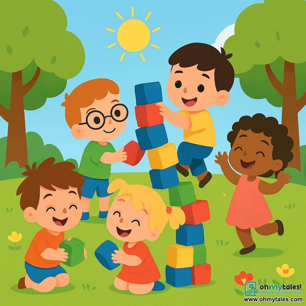 A 2-year-old boy named Tommy, with messy brown hair and a big joyful smile, is squatting on the green grass, holding a green block in his small hands. Next to him, Lily, a 3-year-old girl with blonde hair in pigtails, laughs while holding a blue block as she leans in to add a block to the tower. Max, a 3-year-old boy with glasses and brown hair, stands in the background, ready to give a red block to Sam, another 3-year-old boy with black hair and a yellow t-shirt, who is climbing on the tower. Bella, a 3-year-old girl with curly hair in a pink dress, enthusiastically claps, bouncing in place. The scene takes place in a sunny park with majestic green trees, colorful flowers, and a bright blue sky. In the center, the children are building a colorful block tower that leans dangerously, ready to fall. The main focus shows the excitement and joy of the children as they strive to build the tallest tower possible, with laughter and bright smiles on their faces.
