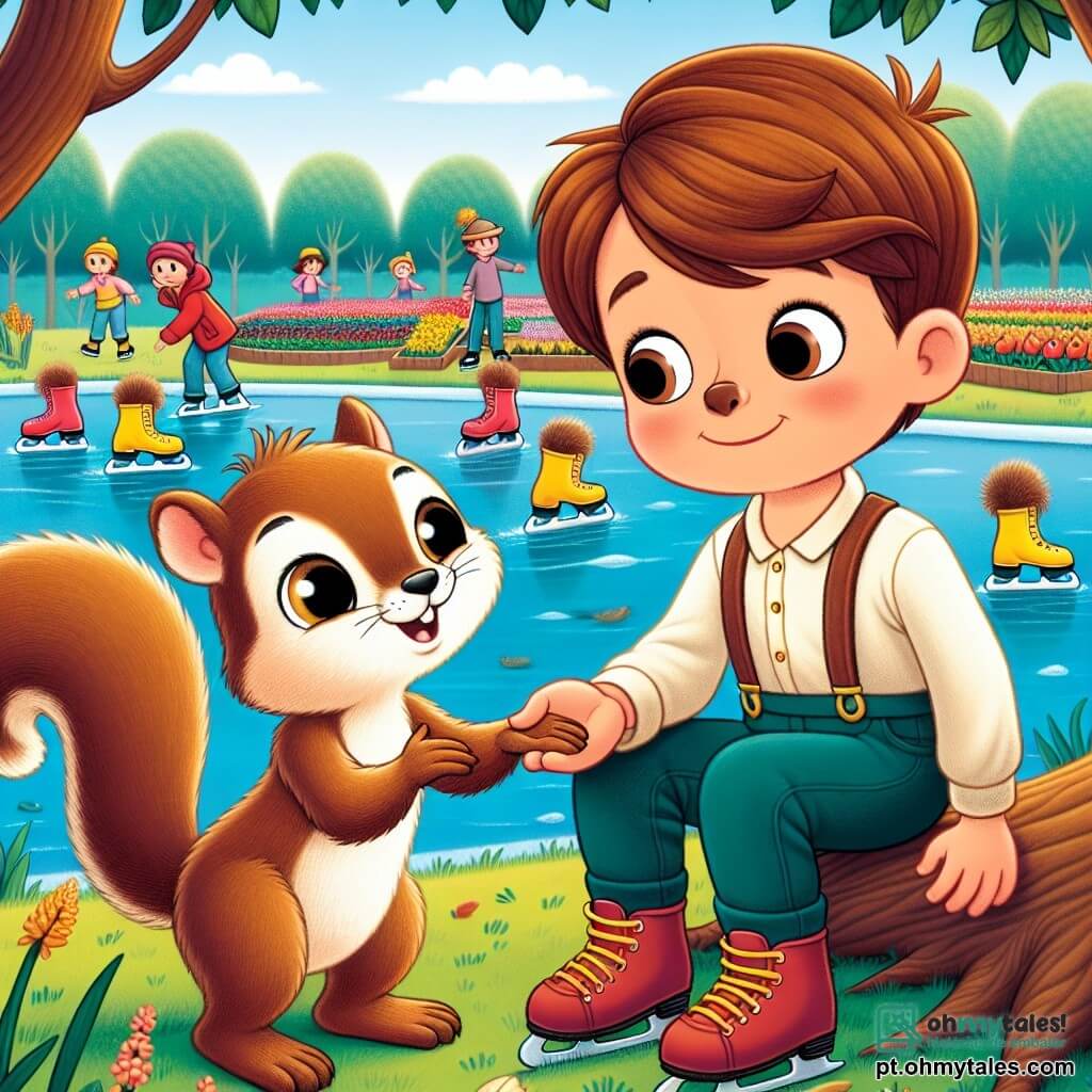 Um pequeno esquilo chamado Tico, com pelagem marrom e olhos brilhantes de curiosidade, está em um galho de árvore, sorrindo amplamente enquanto estende uma pata para um menino. O menino, Léo, uma criança de cabelos castanhos e roupas simples, tem um olhar triste, mas cheio de esperança, sentado na grama ao lado de um lago. Atrás deles, patos flutuam na água, e um grupo de patos amarelos nada alegremente, adicionando um toque de cor à cena. O jardim comunitário ao fundo está cheio de legumes coloridos e flores vibrantes, com pessoas sorridentes trabalhando juntas, criando uma atmosfera calorosa e acolhedora. A situação principal mostra Tico e Léo compartilhando um momento de camaradagem, com Tico encorajando Léo a explorar o jardim, simbolizando a ajuda mútua e a amizade em momentos difíceis.