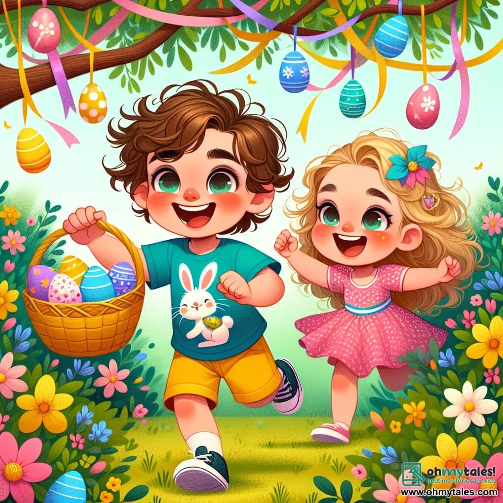 A 4-year-old boy named Timmy, with messy brown hair and bright big eyes, smiles enthusiastically while holding a colorful basket filled with Easter eggs. He wears a blue t-shirt with a bunny pattern and yellow shorts. Next to him, his 2-year-old sister Lily, with curly blonde hair and a polka dot pink dress, jumps with joy pointing at an egg hidden behind a bush. The garden is filled with colorful flowers, trees adorned with ribbons, and bushes decorated with shiny eggs, creating a festive and joyful atmosphere. Timmy and Lily are eagerly searching for eggs under the bushes and in the tall grass, their faces beaming with happiness.