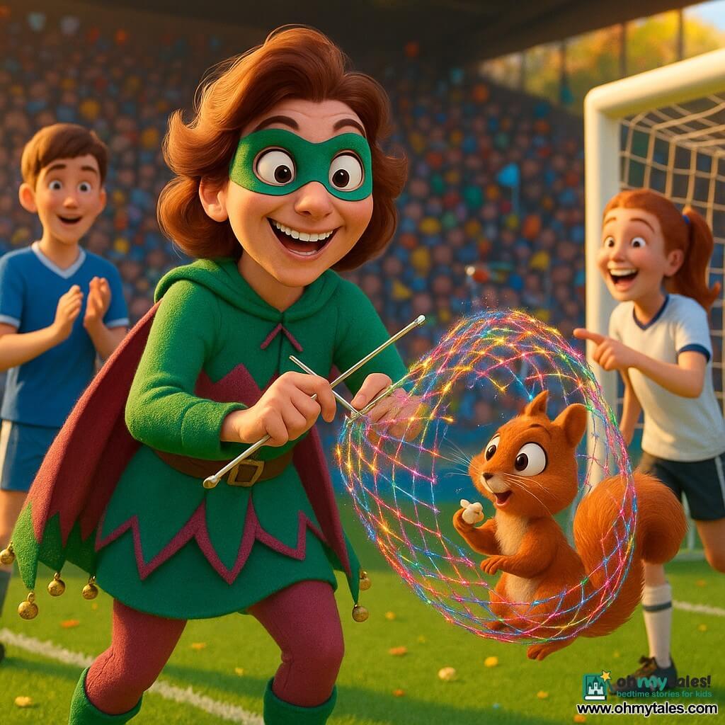 The heroine is Whirlwind Wendy, a cheerful mischievous woman with a wide smile and sparkling eyes in a green-and-pink costume with a bell-adorned cape; she knits at lightning speed with two shiny needles, creating a shimmering multicolored net in the air that gently catches a small red squirrel holding a popcorn kernel, while a teenage boy soccer player with short brown hair in a blue jersey applauds from the left on the vivid green pitch and a teenage girl with a red ponytail in a white jersey laughs and points from the right near the goal; in the background a packed stand of smiling spectators waves balloons and flags in warm late-afternoon light, white field markings, scattered confetti and popcorn, creating a comic, cozy scene.