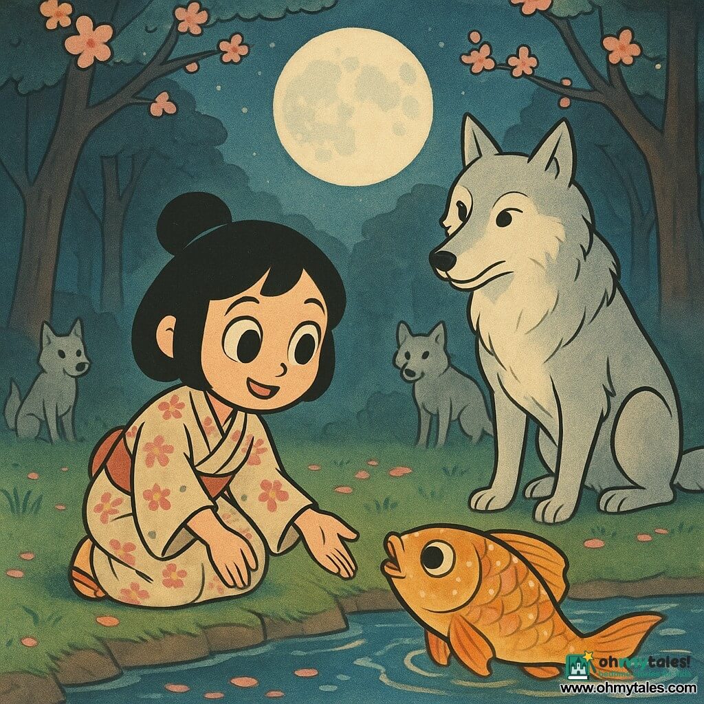 Hana, a young woman with large bright eyes and a gentle, amazed smile, kneels at a sparkling stream in a simple cherry-patterned kimono, reaching toward the water; a large wise carp with iridescent, lantern-like scales and golden flecks swims near the shore, mouth slightly open as if whispering, while a majestic silver-white wolf leader with calm eyes stands a few steps away in the center of a small clearing facing her, two smaller pack wolves watch from under the trees; the hidden clearing has dark grass, scattered pink cherry petals, a full moon silvering the trunks and a light ground mist—Hana, guided by the carp, arrives before the wolf pack beneath a soft, magical, pastel-lit retro-cartoon scene with rounded expressive contours and smooth textures.