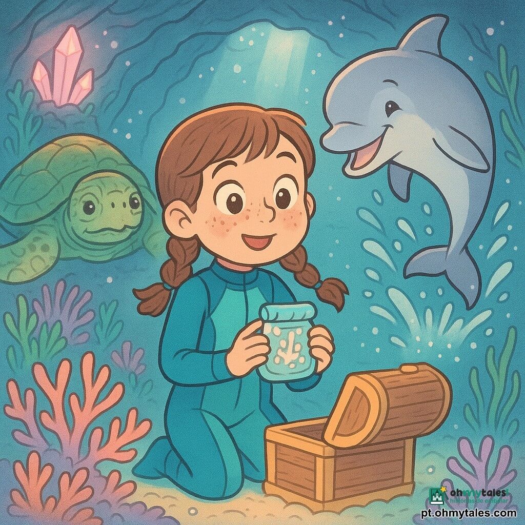 Uma menina de 10 anos, rosto rondo com sardas e cabelos castanhos em duas tranças, olhos grandes e maravilhados, veste uma roupa de mergulho azul-esverdeada e segura um pequeno saco estanque com sementes de coral após abrir um baú; ao seu lado direito à frente nada um golfinho brincalhão chamado Finito, prateado e sorridente, e ao fundo à esquerda uma velha tartaruga marinha coberta de musgo a observa com ternura; cenário: uma caverna subaquática iluminada por cristais rosas e azul-pálido, paredes cobertas de corais multicoloridos e algas, um raio de luz vindo da superfície e partículas cintilantes na água; atmosfera mágica, quente e aventureira, paleta suave (turquesa, coral, lavanda), linhas suaves e composição centrada na menina e no baú.