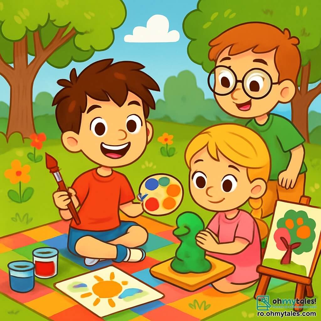 Un băiat de șapte ani, Alex, cu părul castaniu și ochii strălucind de bucurie, stă pe o pătură colorată într-un parc însorit. Zâmbește larg, înconjurat de desenele și picturile sale, ținând o pensulă într-o mână și o paletă de culori vii în cealaltă. Lângă el, o fetiță de șase ani, Mia, cu părul blond împletit și o rochie roz, observă cu atenție o sculptură din plastilină, fascinată de formă. Un alt băiat, Lucas, de opt ani, cu ochelari rotunzi și un tricou verde, se apropie pentru a admira un tablou colorat, cu ochii mari de uimire. Parcul este plin de copaci mari cu frunze verzi strălucitoare, flori multicolore și un cer albastru deschis presărat cu nori albi pufoși. Râsetele copiilor răsună în jur, creând o atmosferă veselă și creativă. Alex explică entuziast cum să picteze, în timp ce ceilalți copii încep să-și creeze propriile opere de artă, împărtășind zâmbete și râsete.