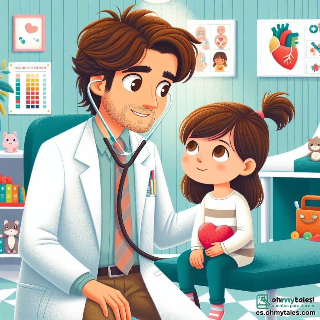 El Dr. Esteban es un hombre de unos treinta años, con cabello castaño desordenado y ojos brillantes de curiosidad. Lleva una bata blanca, un estetoscopio al cuello y muestra una sonrisa cálida mientras examina a una niña pequeña. Lucía, una niña de seis años, tiene cabello castaño y ojos brillantes, pero parece un poco cansada. Está sentada en una silla colorida, sosteniendo un juguete en forma de corazón, mirando al Dr. Esteban con confianza. La escena tiene lugar en una sala de consulta luminosa, decorada con carteles educativos sobre la salud, juguetes coloridos y plantas verdes que aportan frescura. Las paredes están pintadas de azul claro, creando una atmósfera relajante. El Dr. Esteban examina a Lucía, que tiene fiebre, mientras le explica suavemente cómo su cuerpo combate los virus. La interacción entre el médico y la niña muestra la compasión y atención que él le brinda.